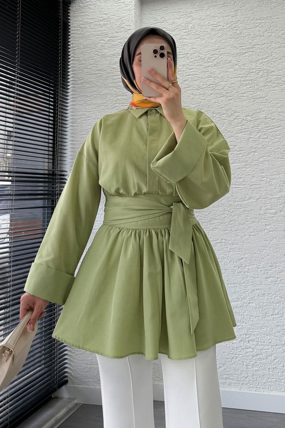 Bel Kuşaklı Poplin Tunik-Yeşil