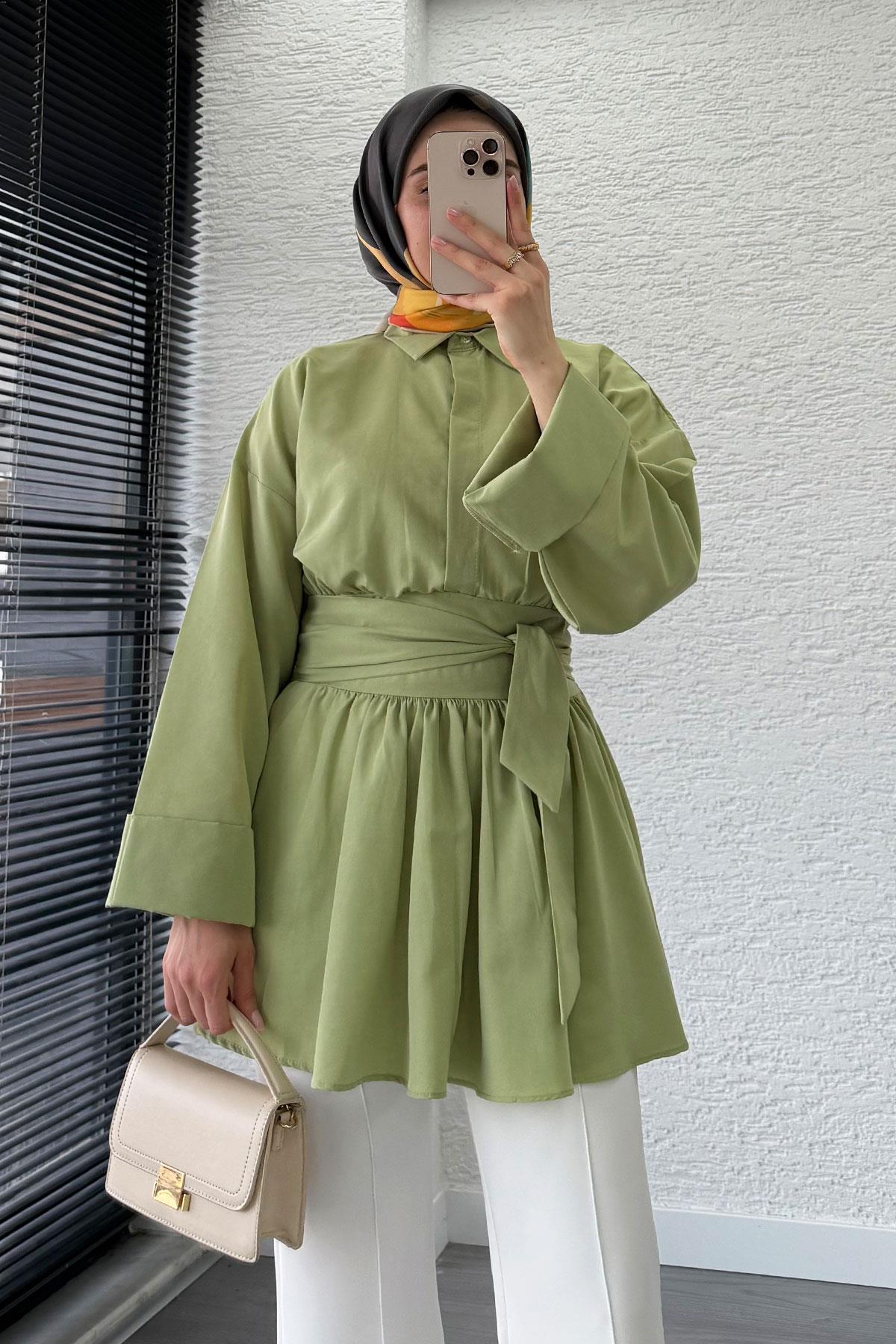 Bel Kuşaklı Poplin Tunik-Yeşil