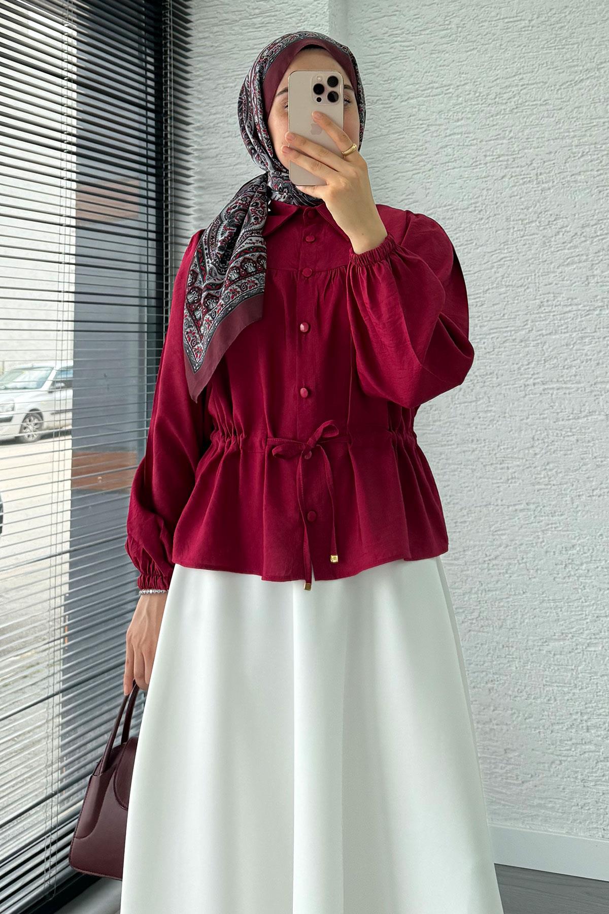 Beli Bağmalı Düğmeli Gömlek Bordo