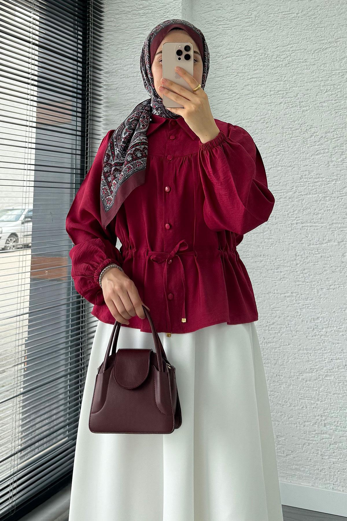 Beli Bağmalı Düğmeli Gömlek Bordo