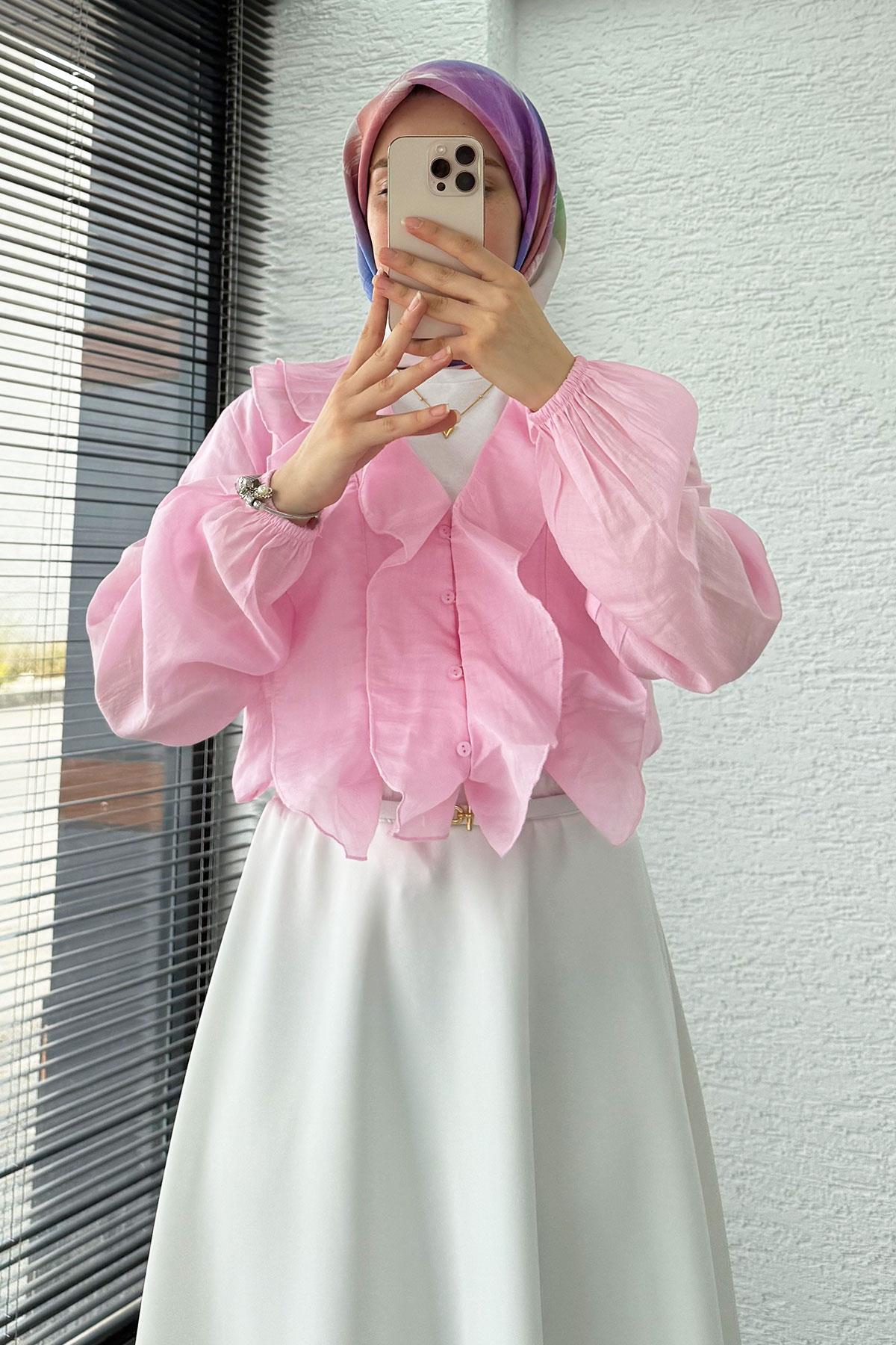 Fırfır Detaylı Vual Kumaş Bluz - Pembe