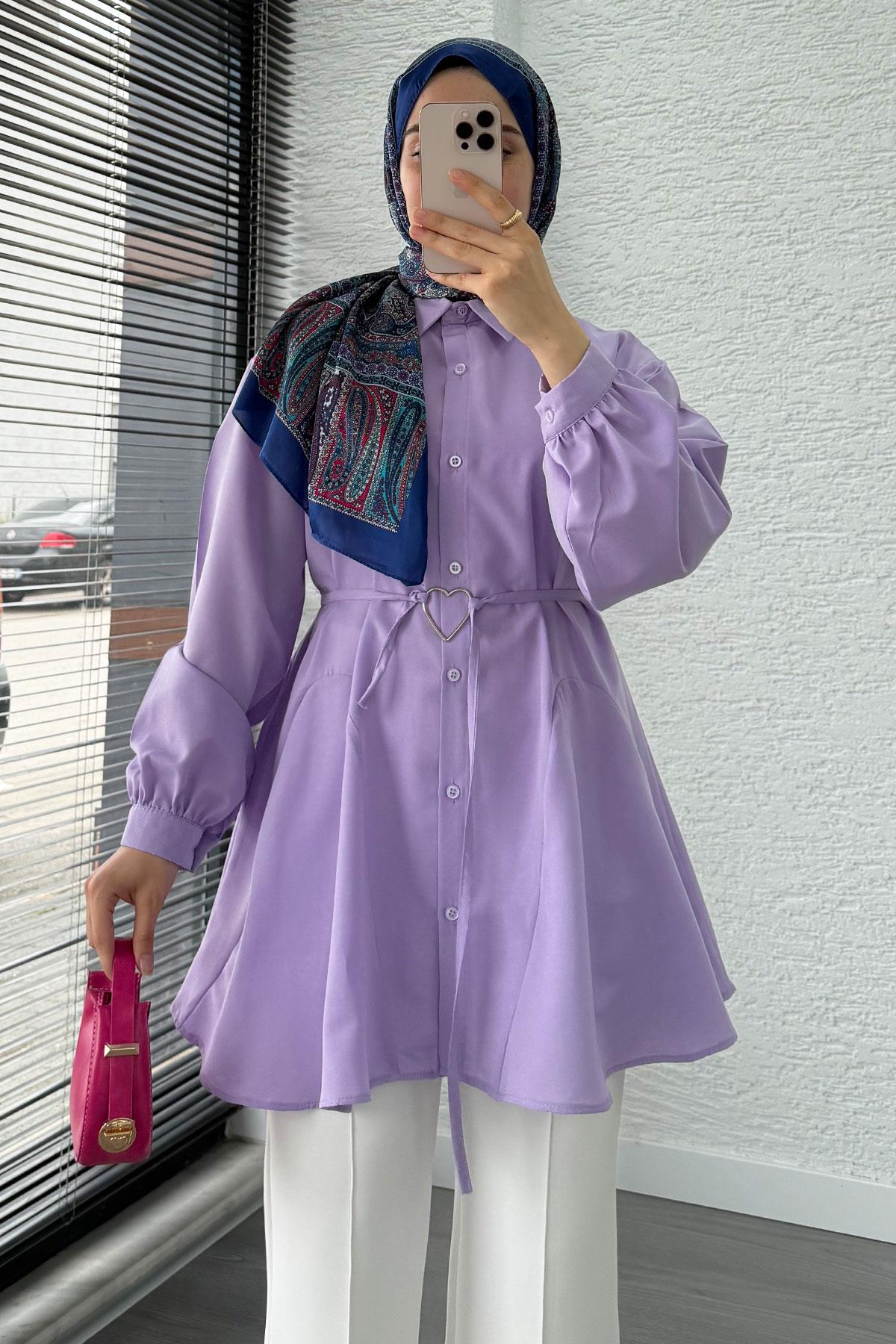 Kalp Kemer Detaylı Poplin Tunik-Lila