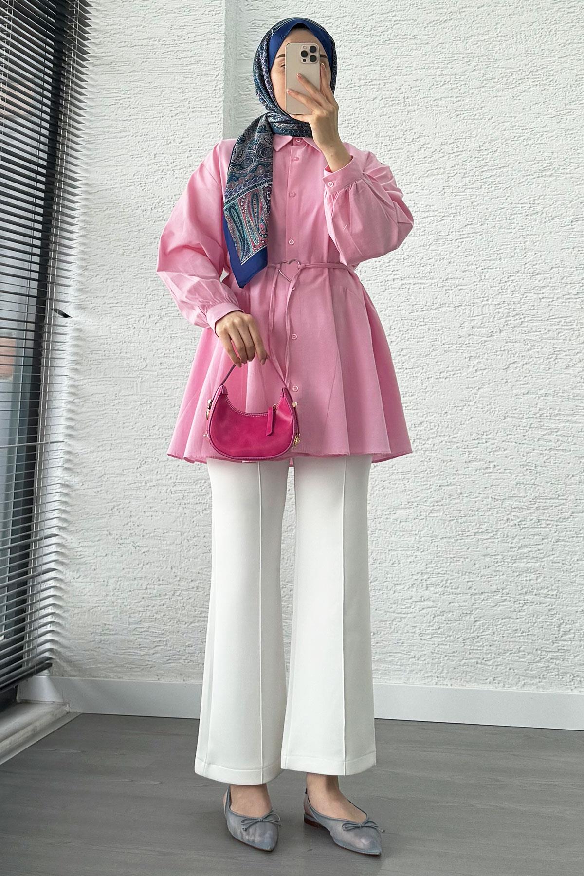 Kalp Kemer Detaylı Poplin Tunik-Pembe