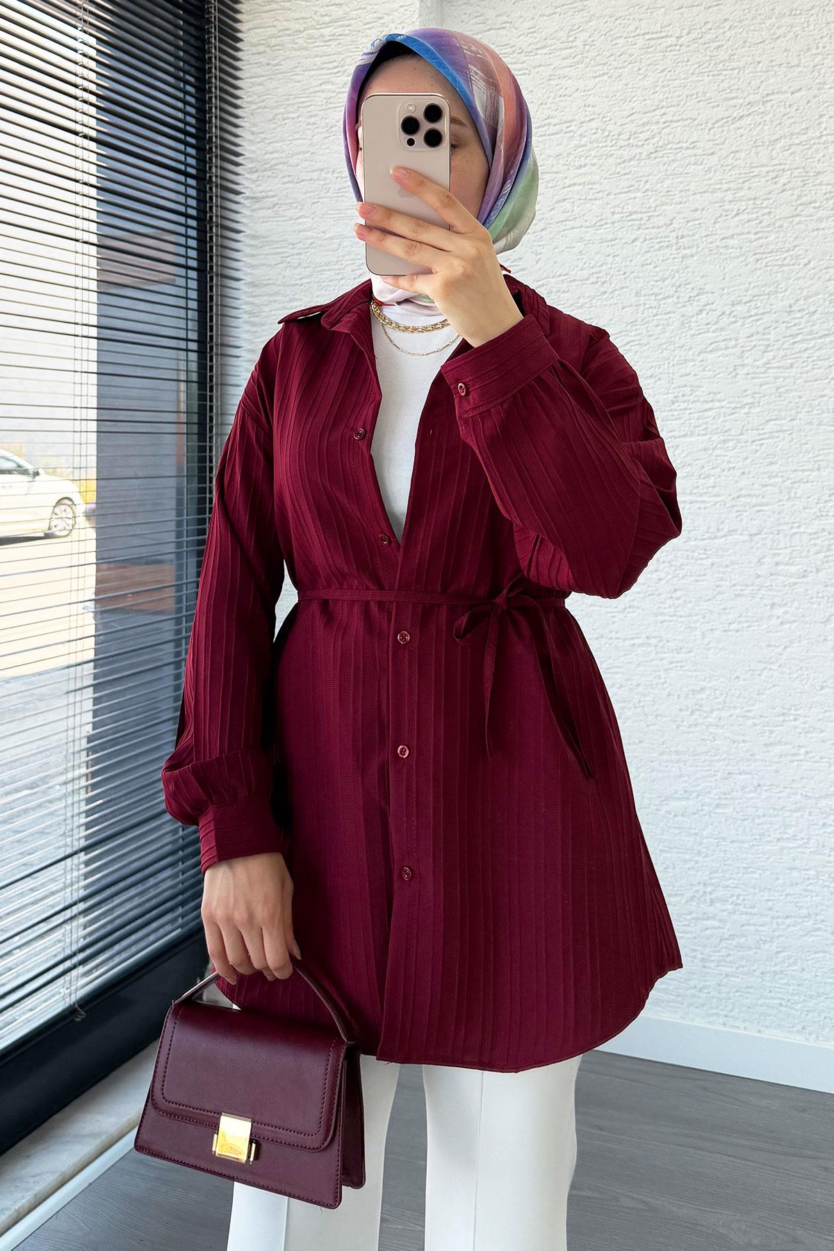Kuşak Detaylı Oversize Yazlık Tunik - Bordo