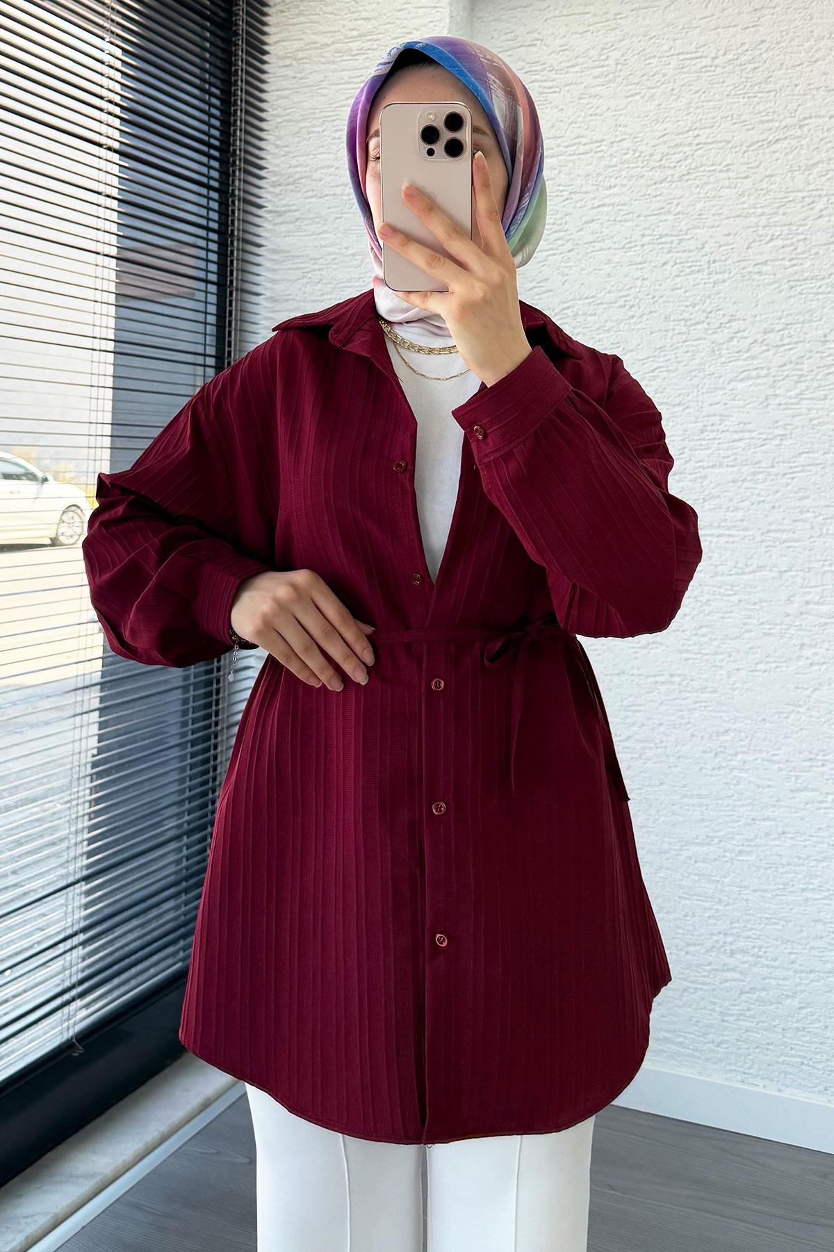 Kuşak Detaylı Oversize Yazlık Tunik - Bordo