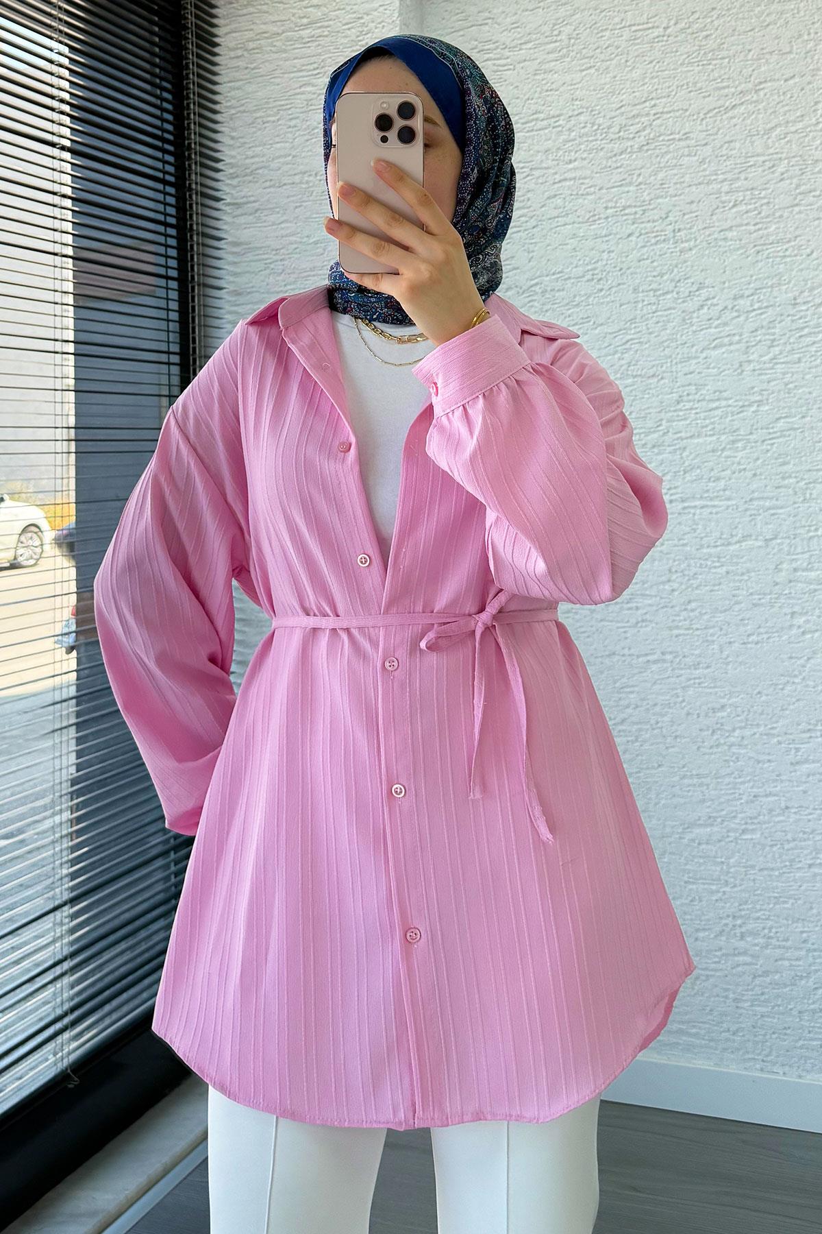 Kuşak Detaylı Oversize Yazlık Tunik - Pembe