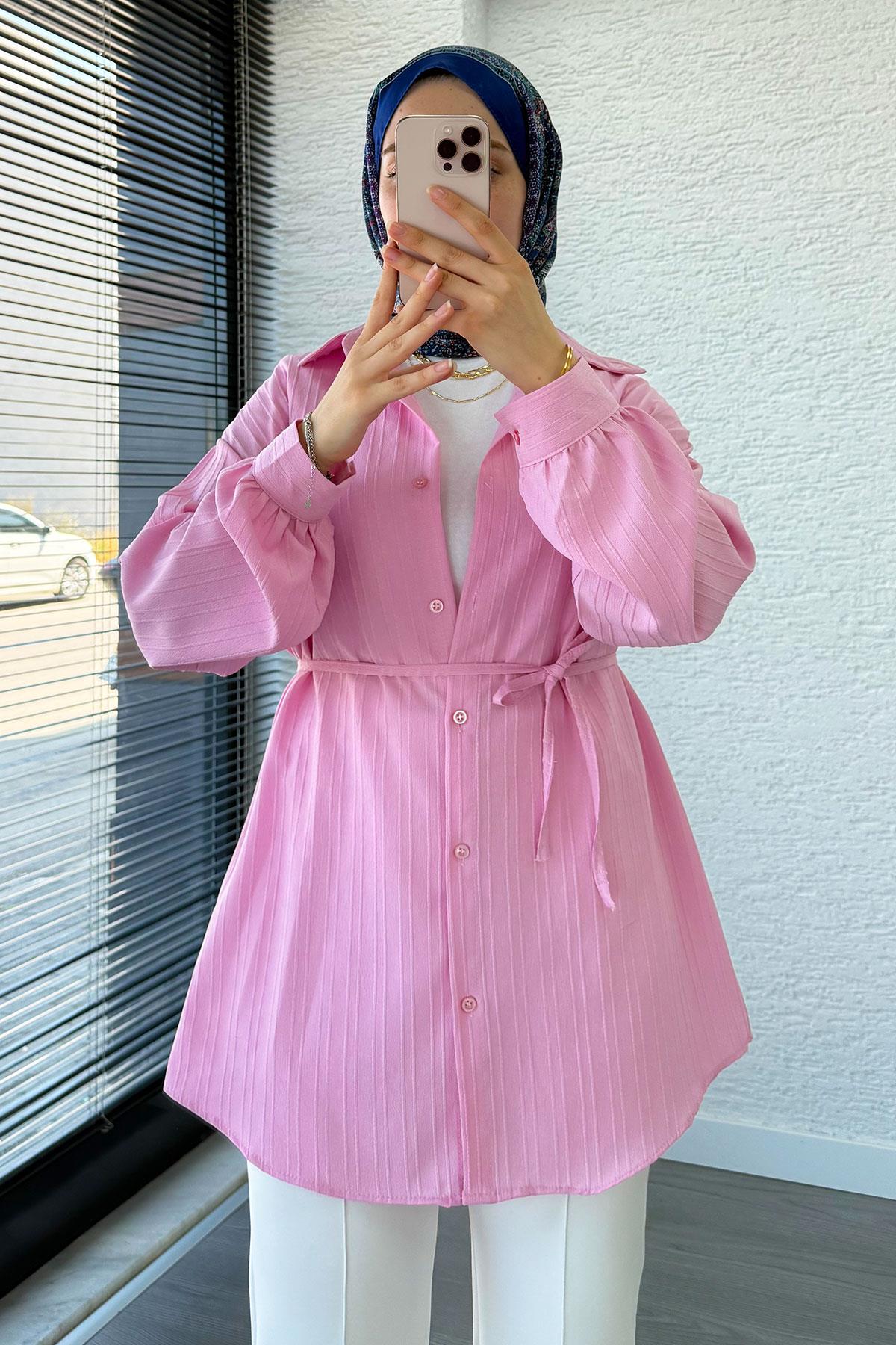 Kuşak Detaylı Oversize Yazlık Tunik - Pembe