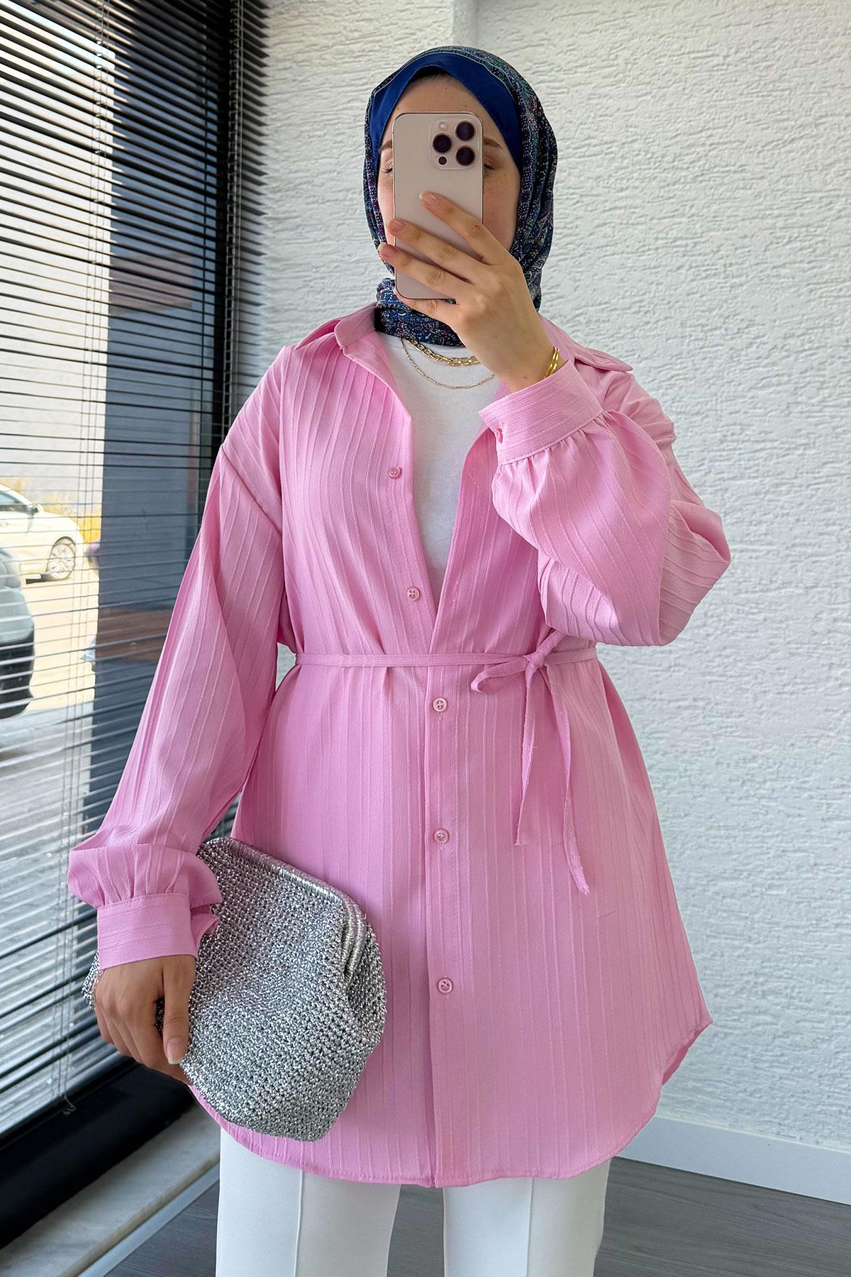 Kuşak Detaylı Oversize Yazlık Tunik - Pembe