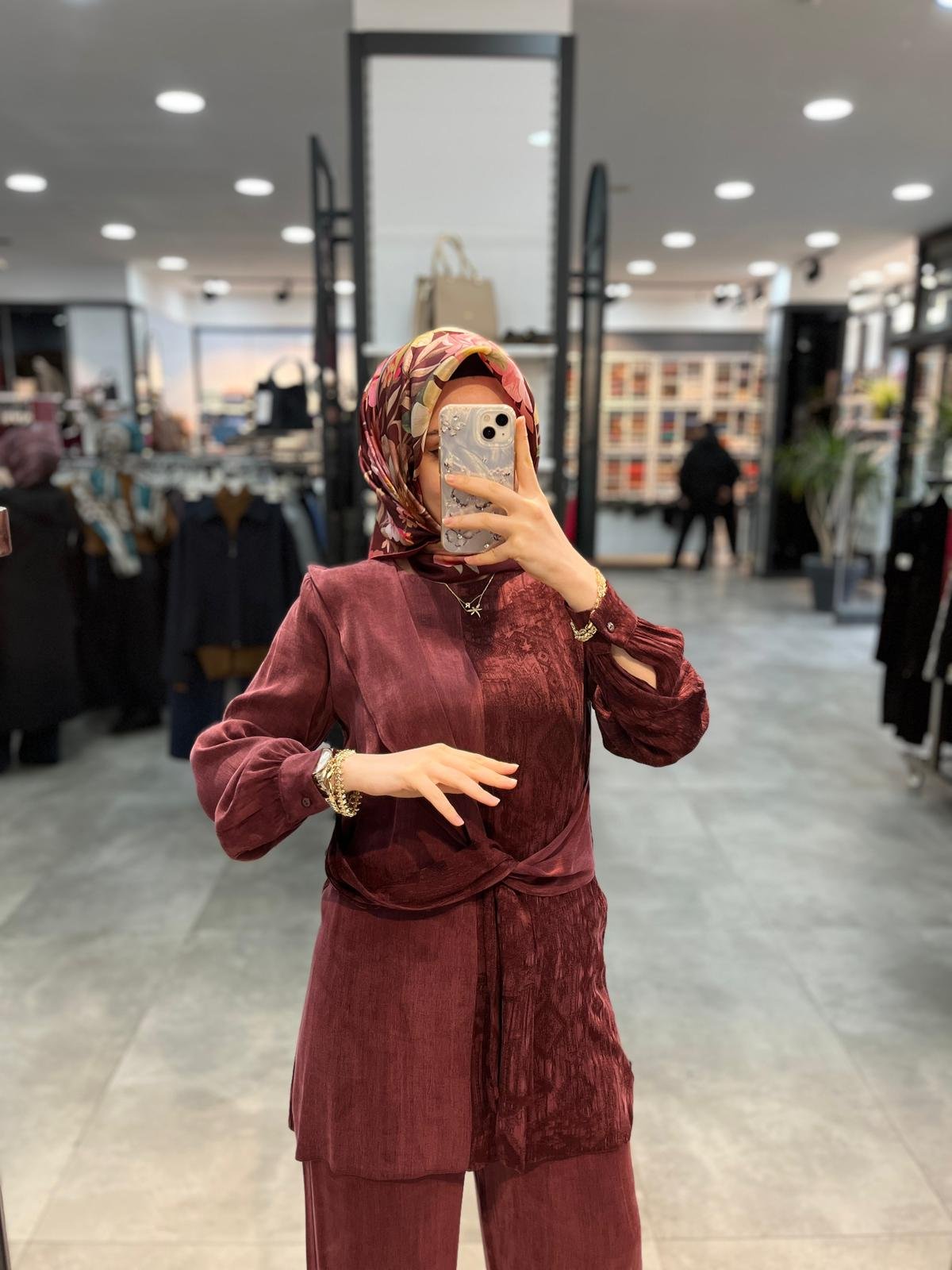 Alesya Beli Kumaş Aksesuar Detaylı Cupra Takım - Bordo