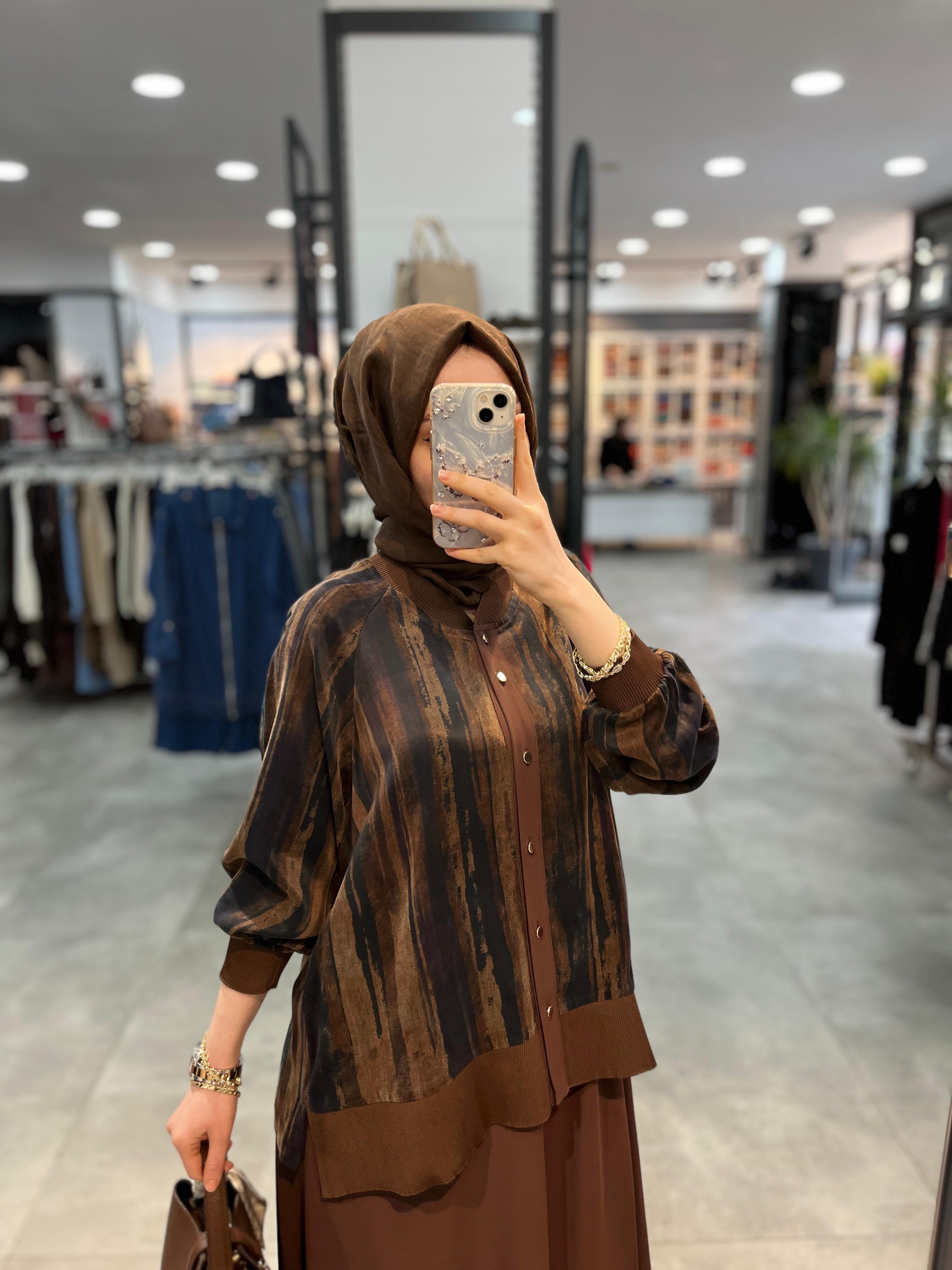Alesya Cupra Bluz Etek Takım - Kahve