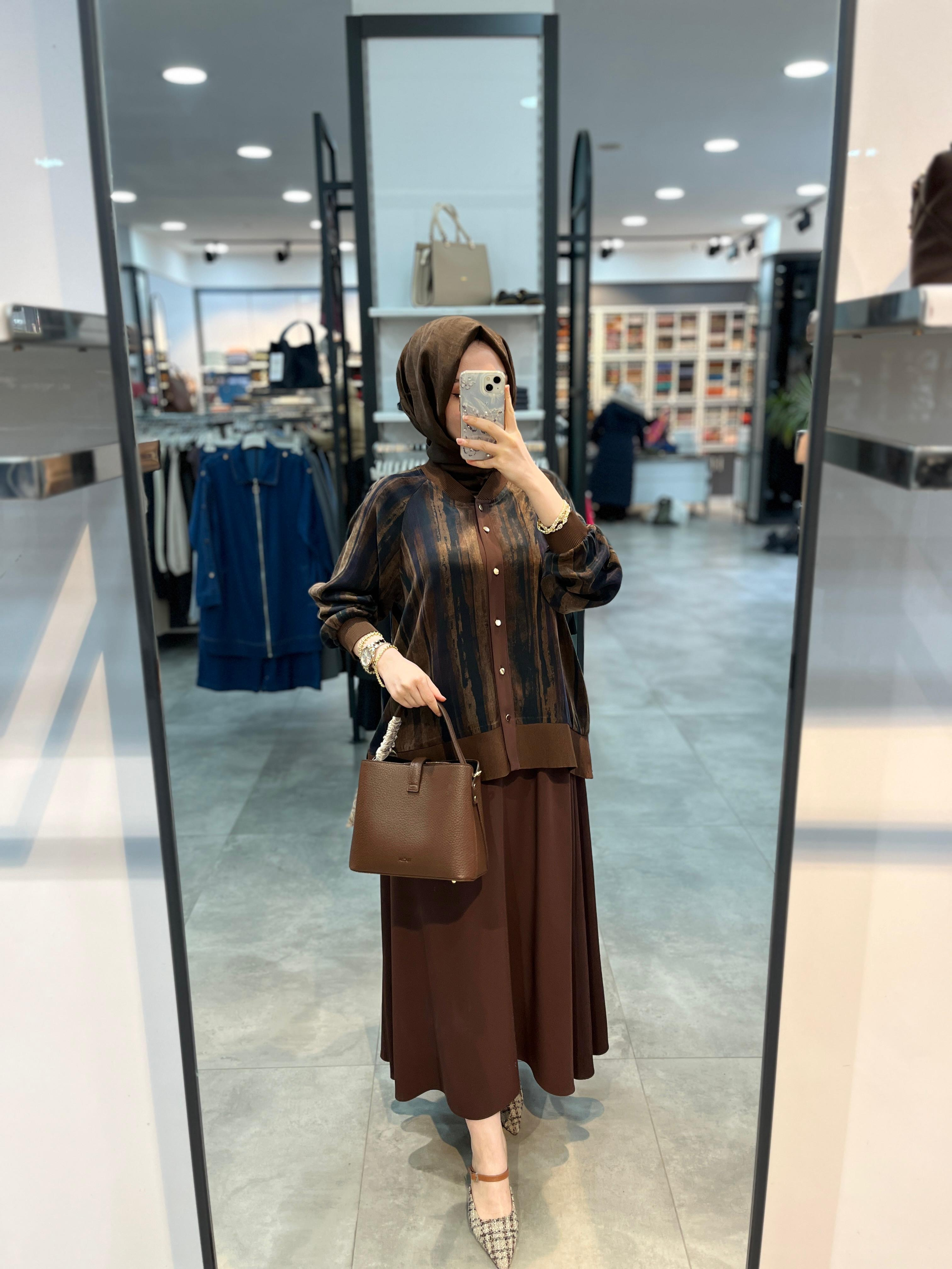 Alesya Cupra Bluz Etek Takım - Kahve
