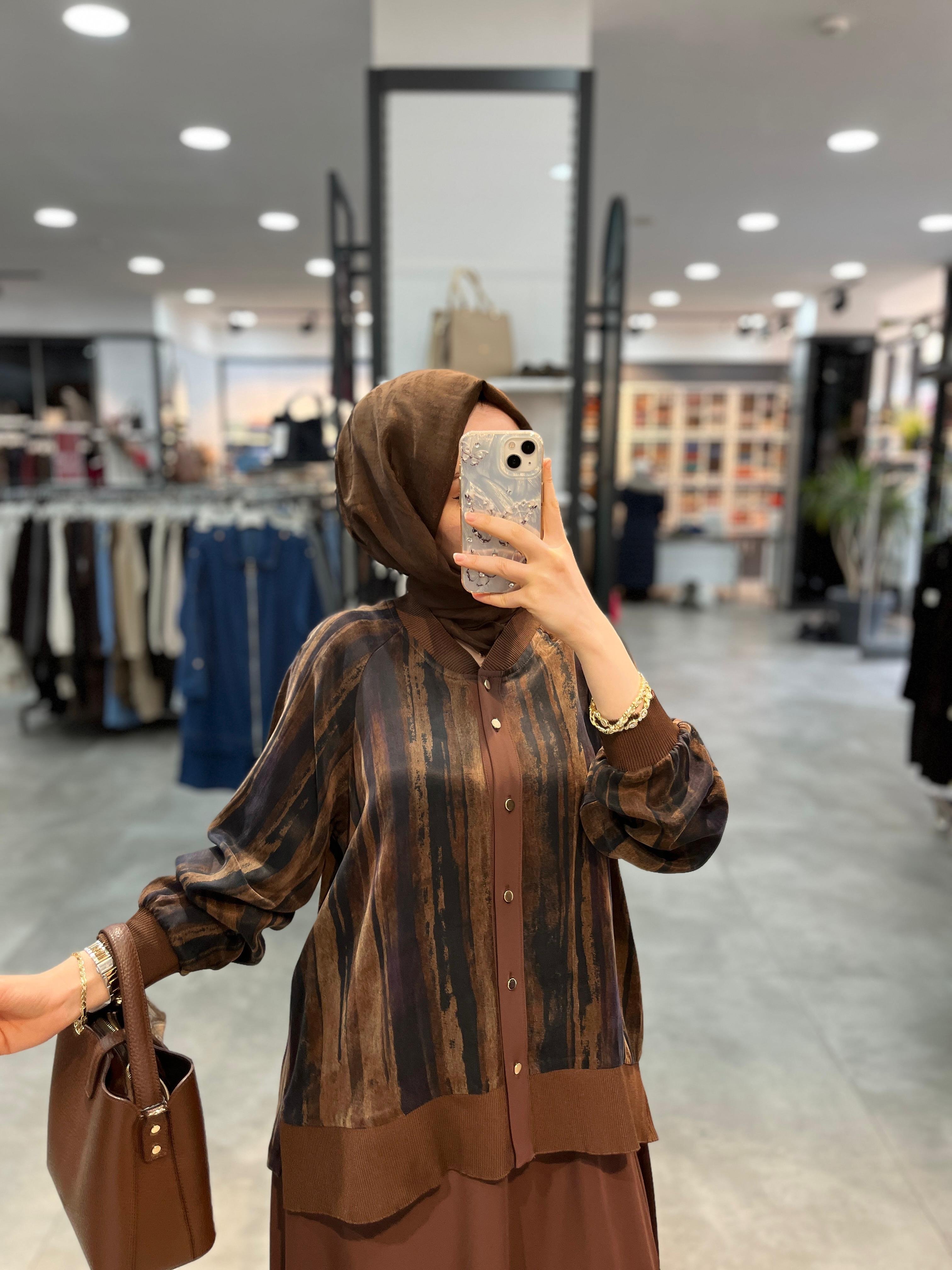 Alesya Cupra Bluz Etek Takım - Kahve