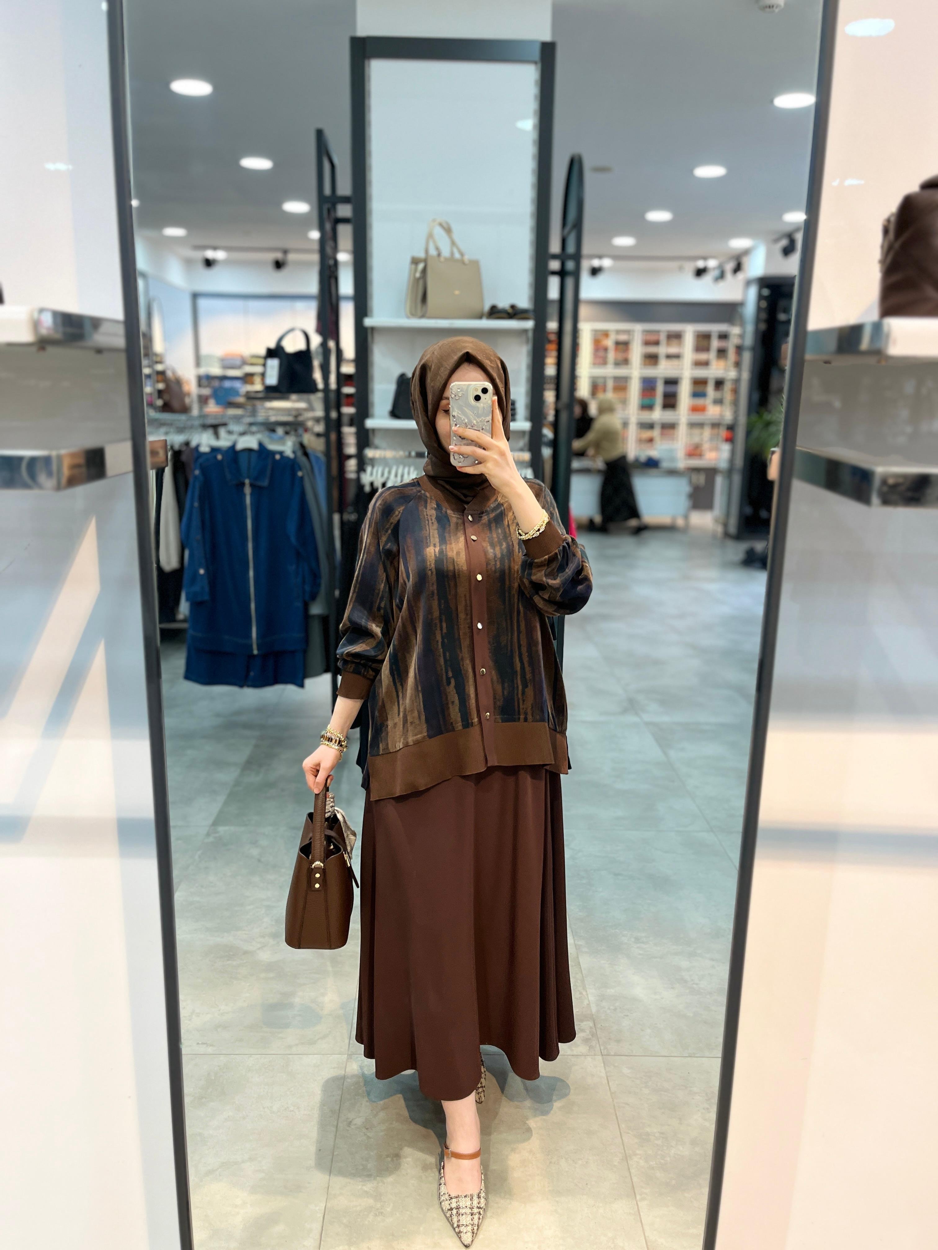 Alesya Cupra Bluz Etek Takım - Kahve