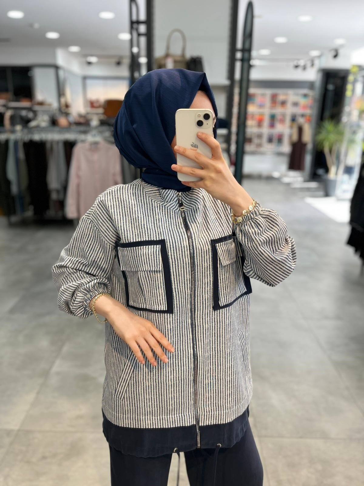 Alesya Fermuarlı Çizgili Ceket Patolon Takım - İndigo
