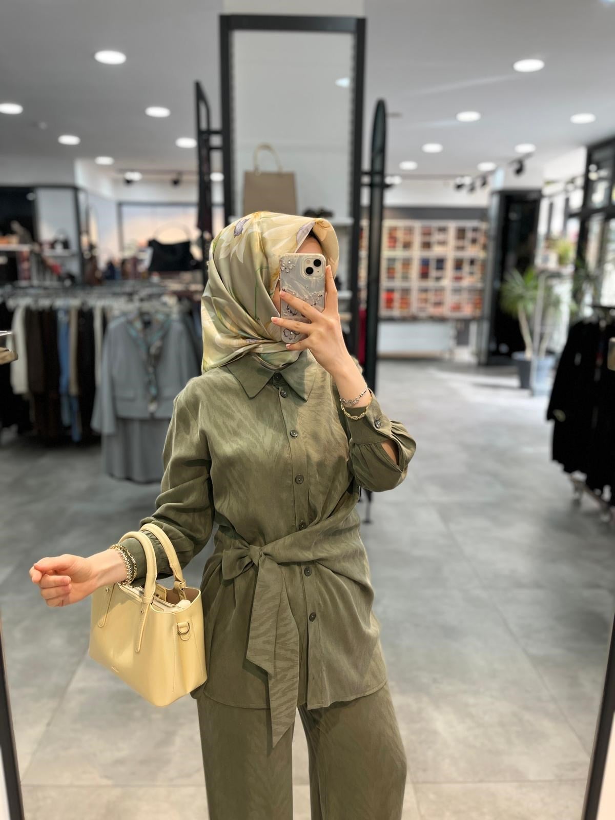 Alesya Kruvaze Bağlamalı Tunik Pantolon Takım - Haki