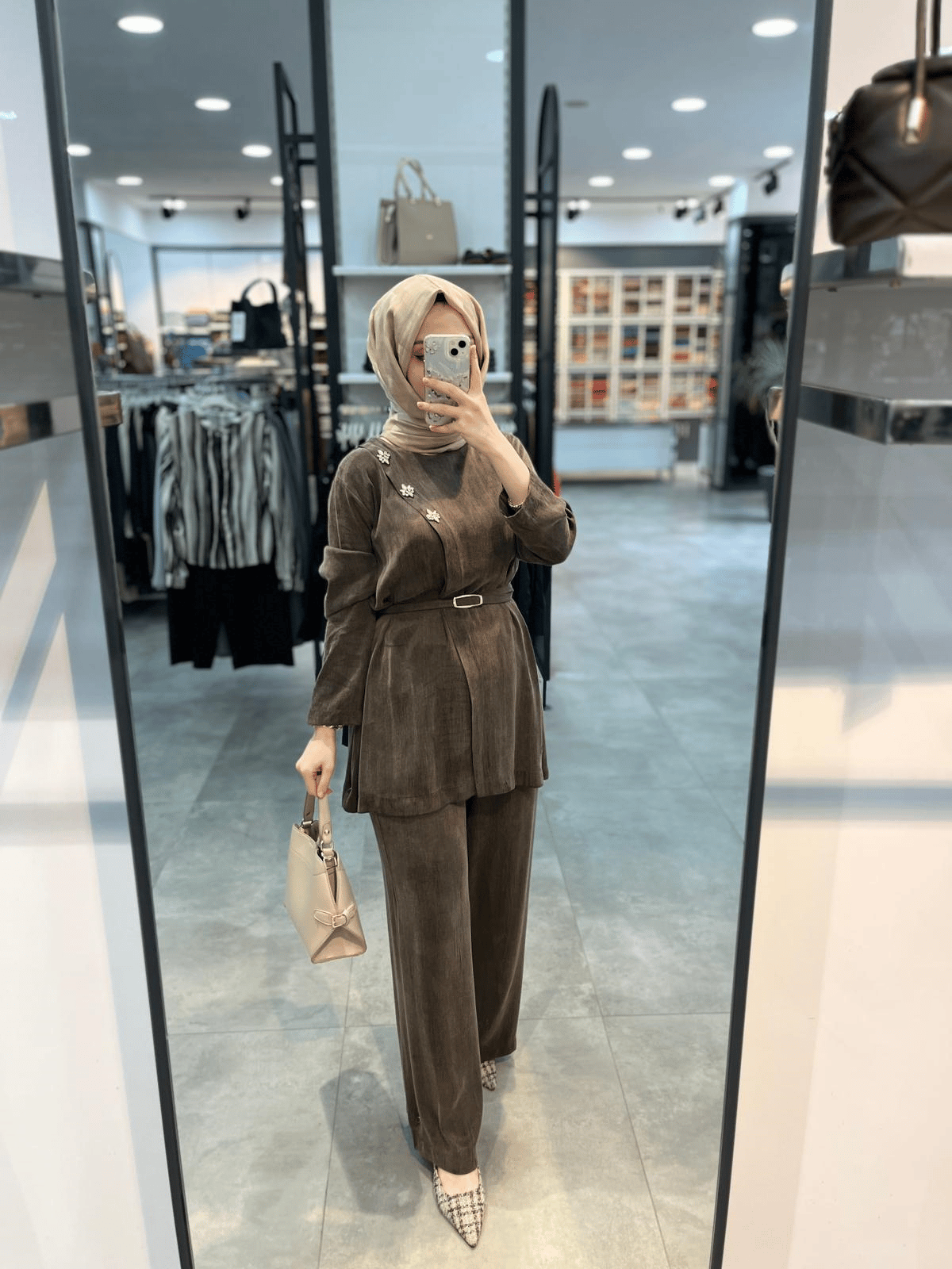 Alesya Kruvaze Yanı Taş Detaylı Pantolonlu Cupra Takım - Kahve
