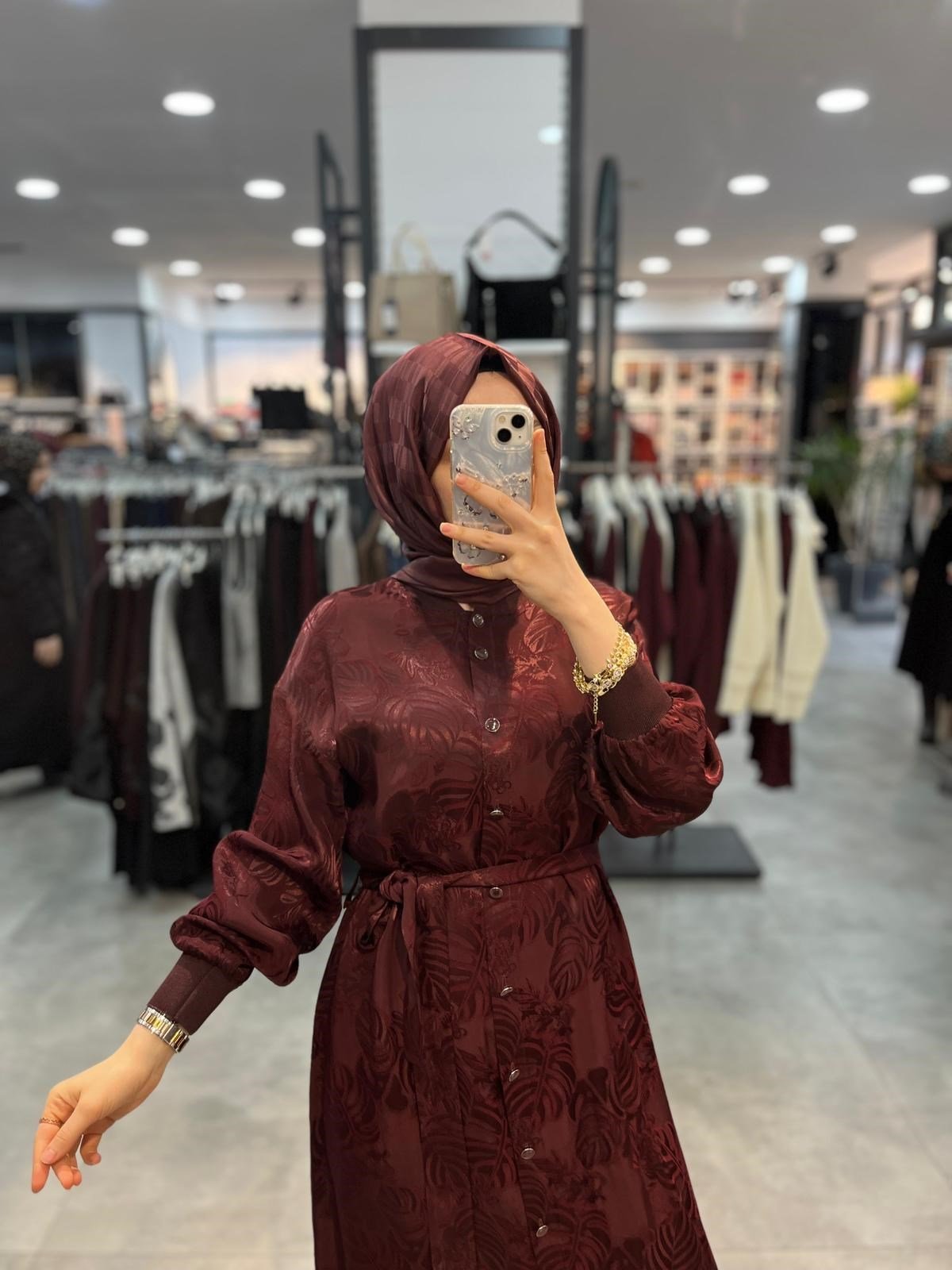 Alesya Ribanalı Desenli Jakar Elbise - Bordo