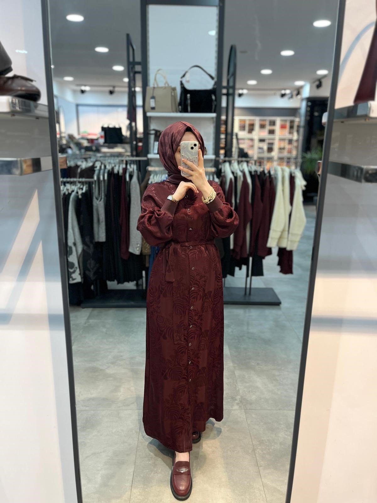 Alesya Ribanalı Desenli Jakar Elbise - Bordo