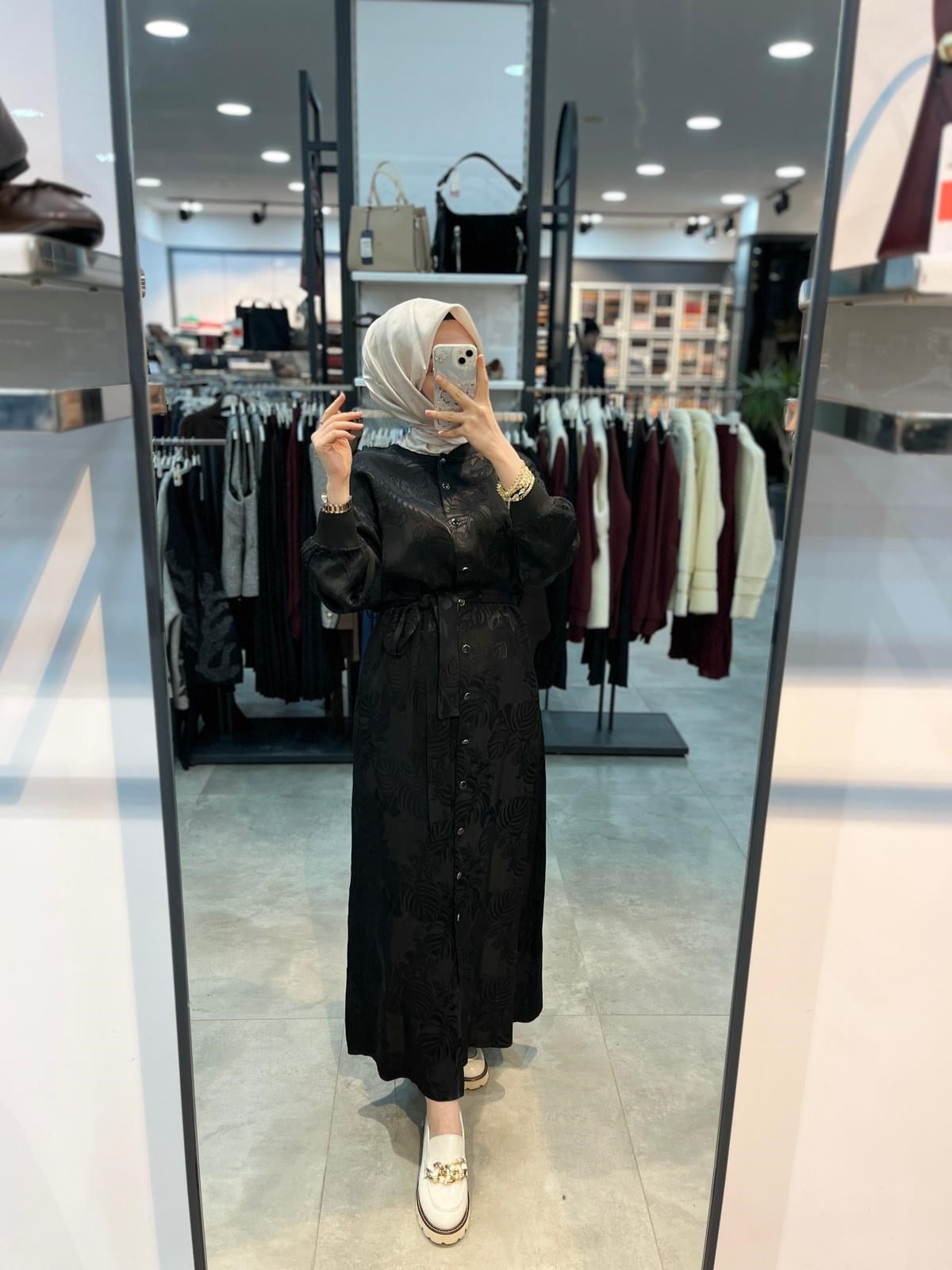 Alesya Ribanalı Desenli Jakar Elbise - Siyah