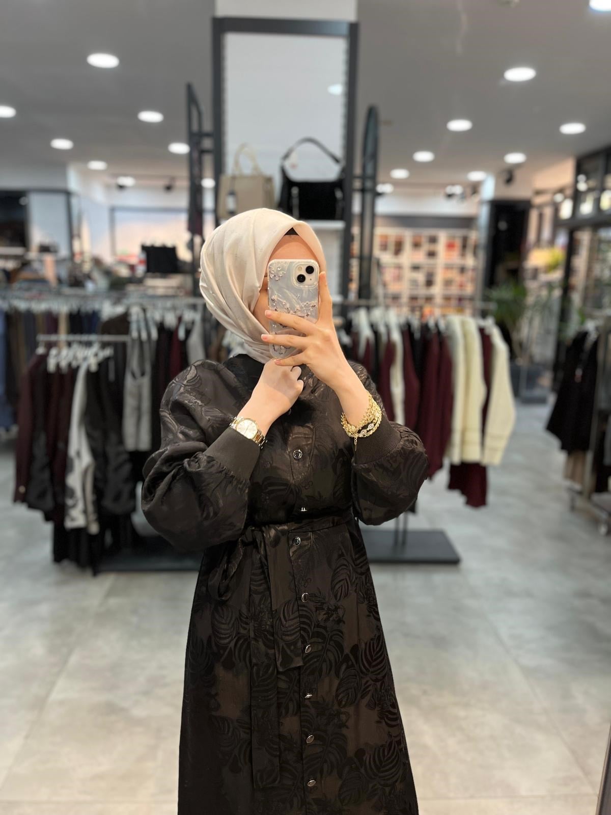 Alesya Ribanalı Desenli Jakar Elbise - Siyah