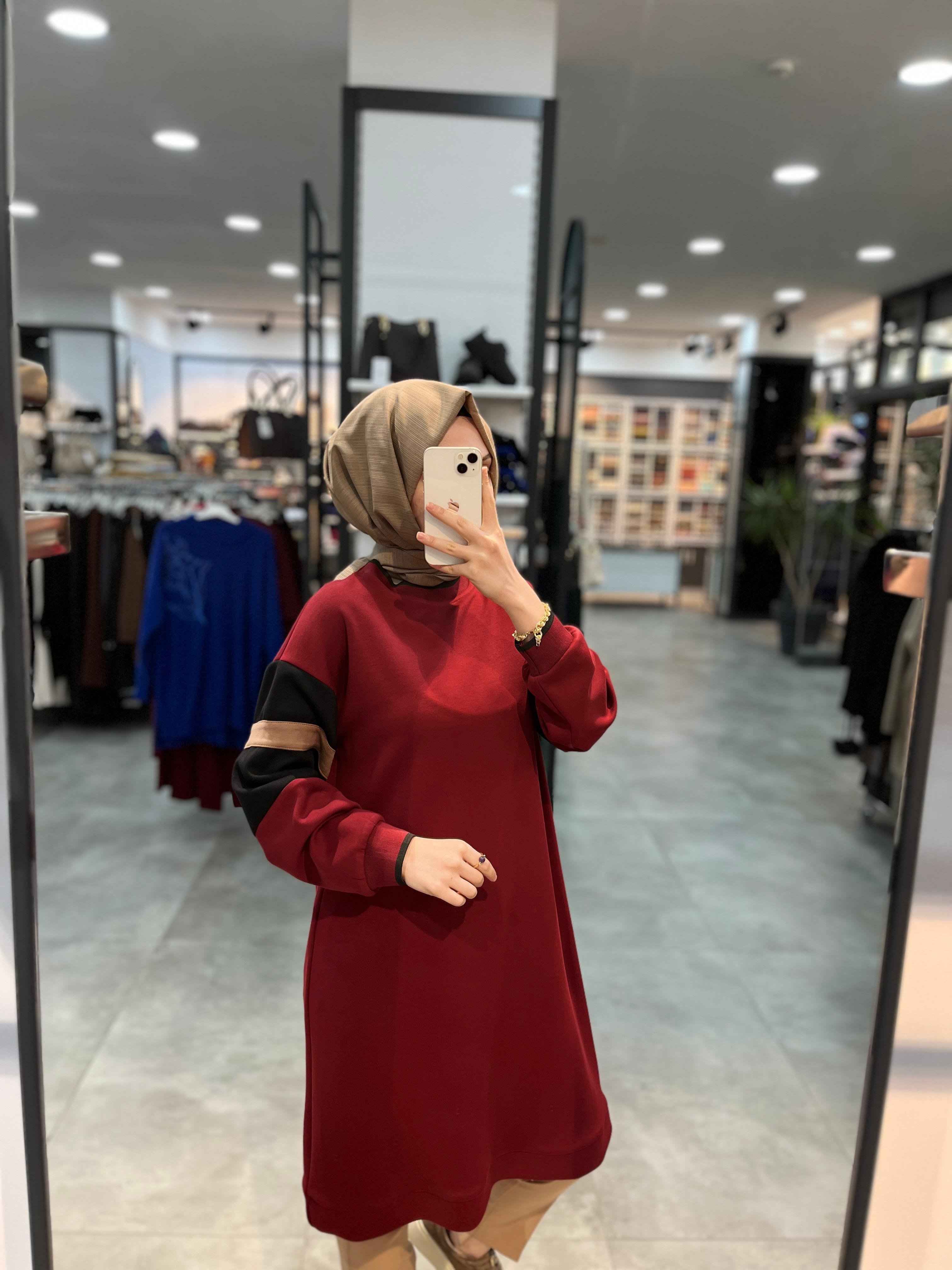 Alesya Ribanalı Kolu İki Renkli Tunik - Bordo