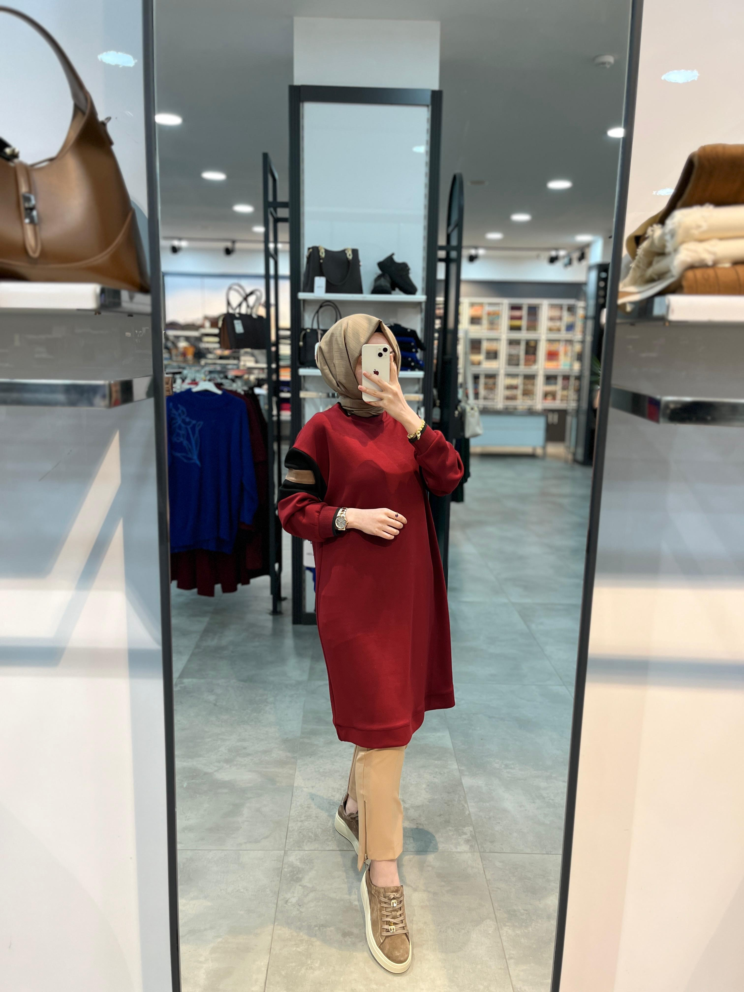 Alesya Ribanalı Kolu İki Renkli Tunik - Bordo