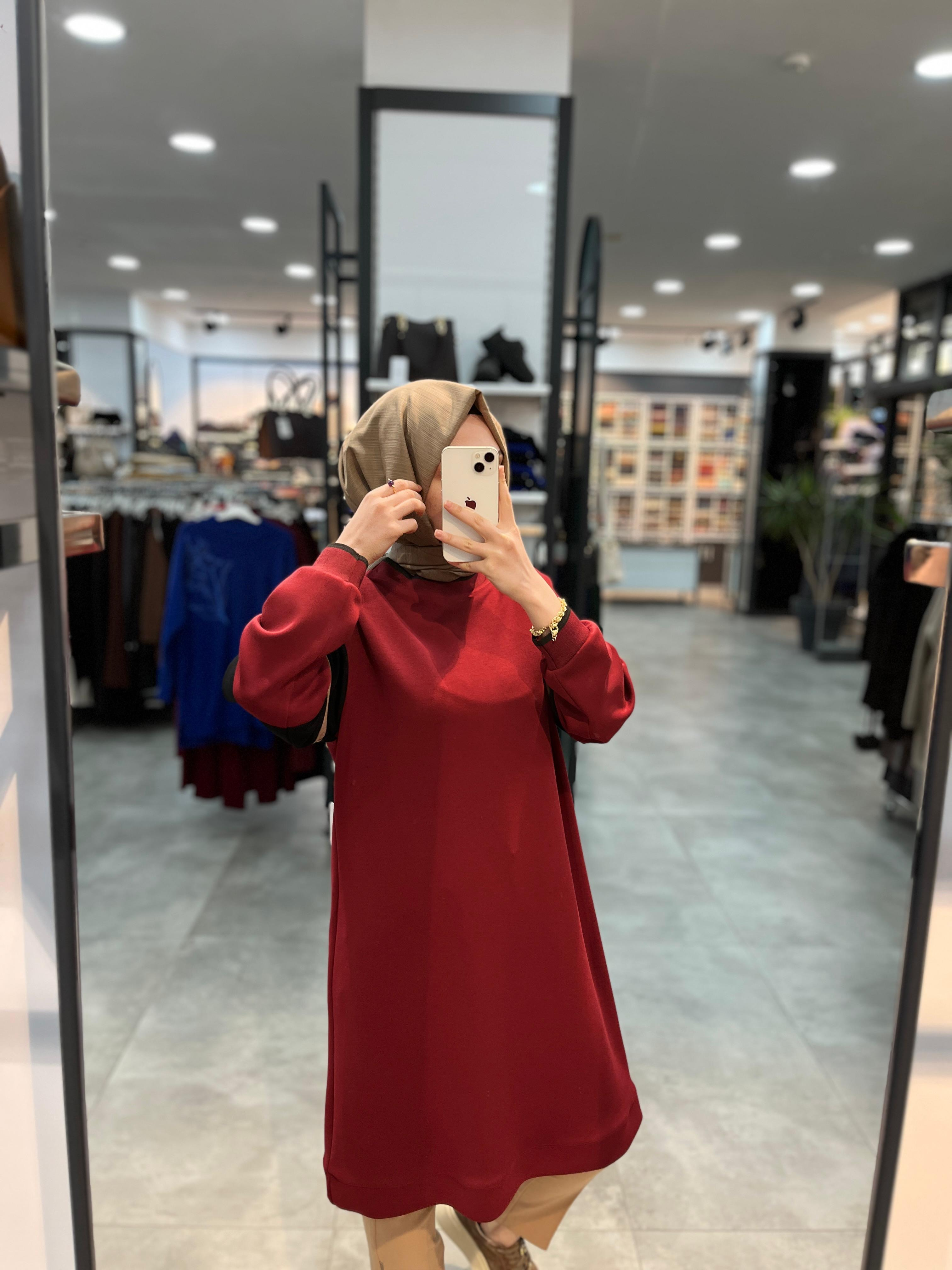 Alesya Ribanalı Kolu İki Renkli Tunik - Bordo