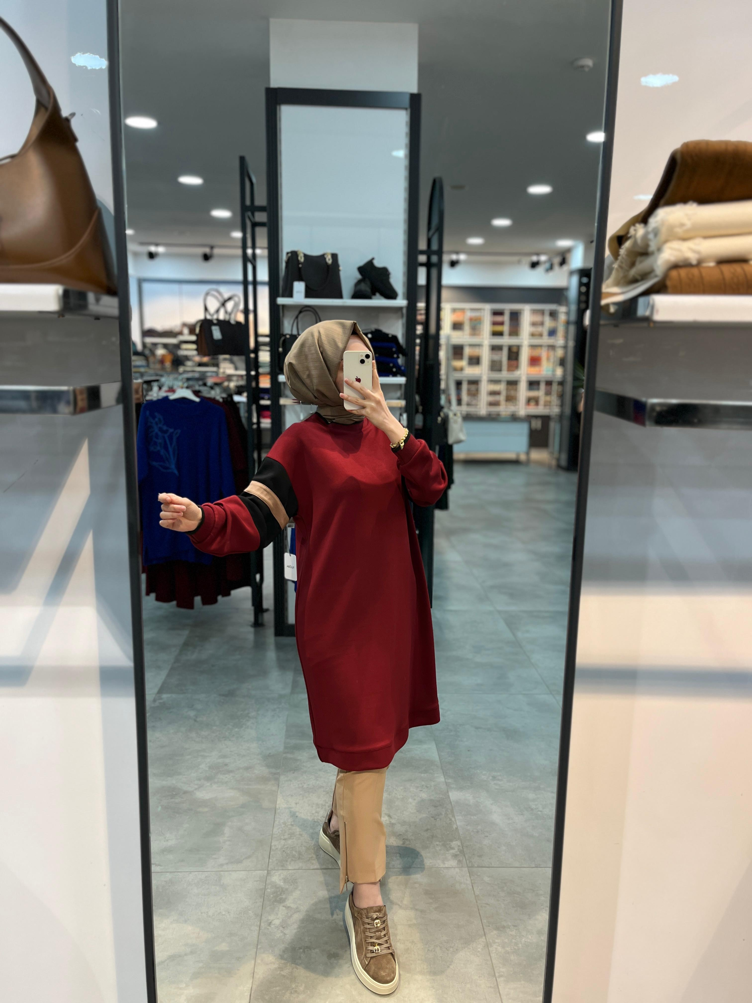 Alesya Ribanalı Kolu İki Renkli Tunik - Bordo