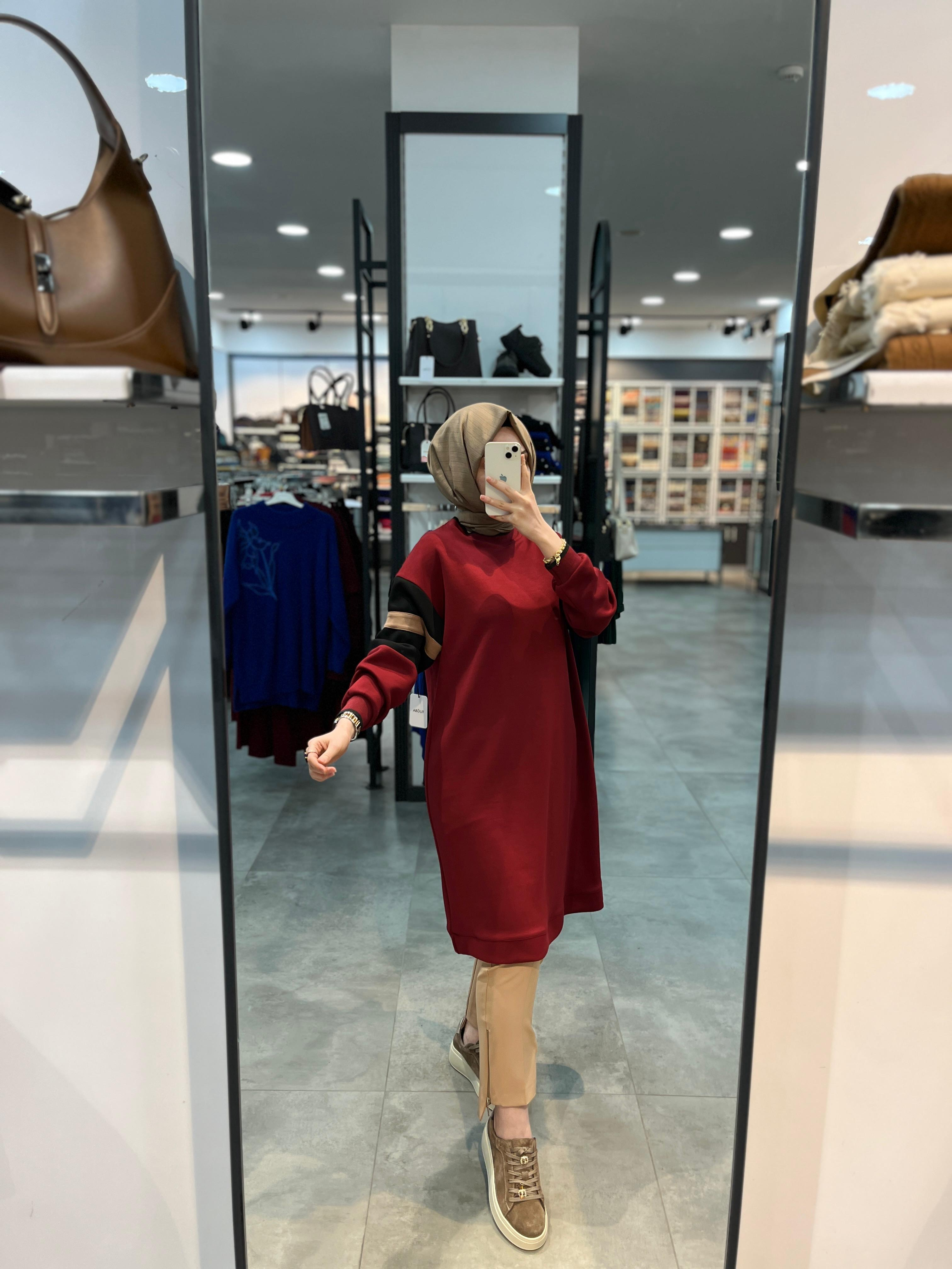Alesya Ribanalı Kolu İki Renkli Tunik - Bordo