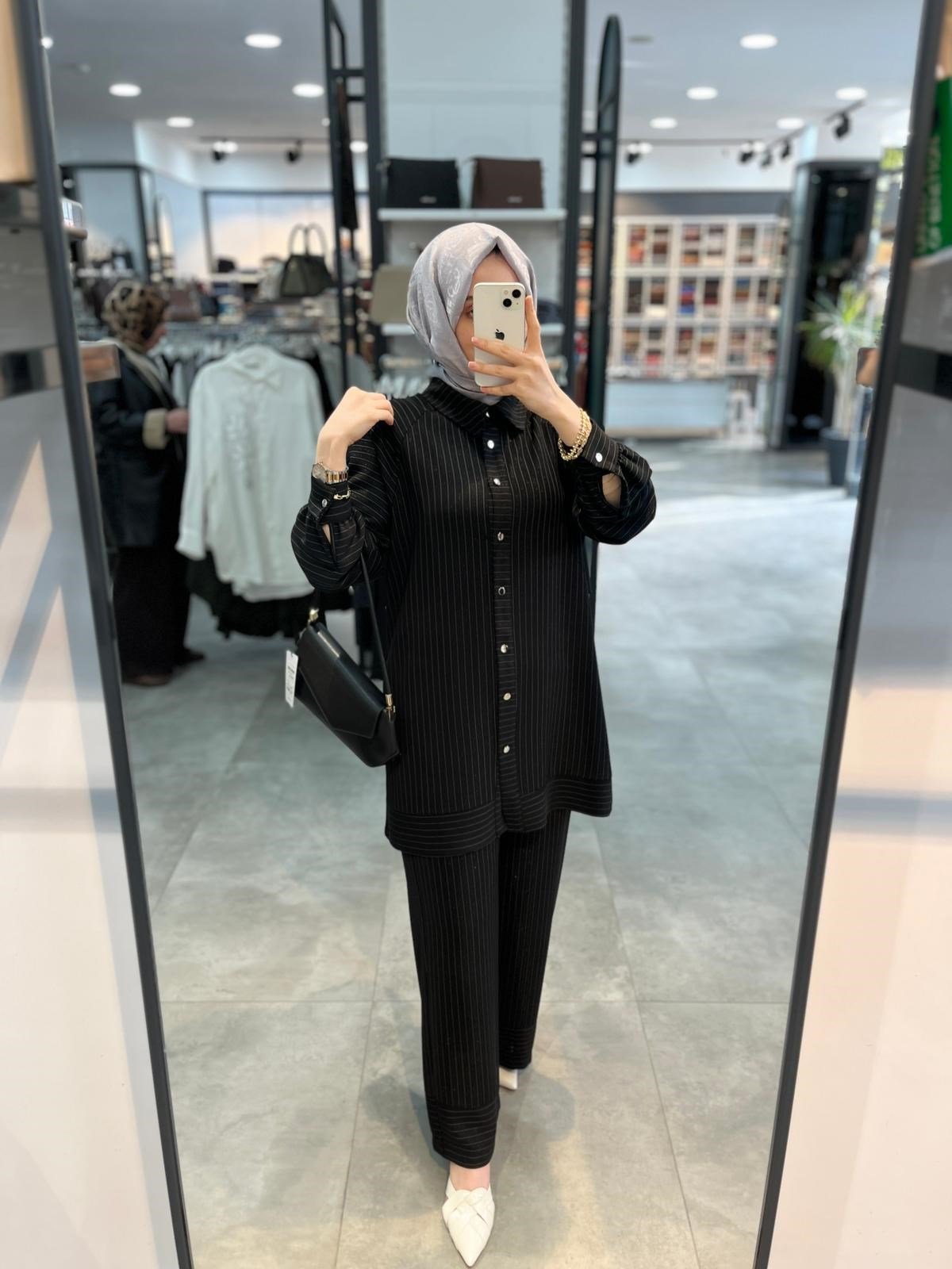 Alesya Simli Çizgili Tunik Pantolon Takım - Siyah