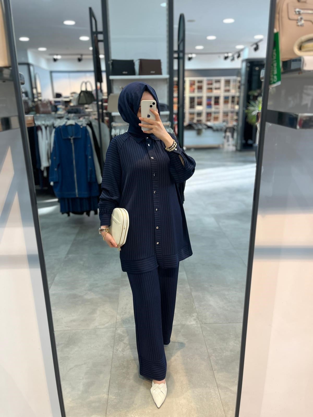 Alesya Simli Çizgili Tunik Pantolon Takım - Lacivert