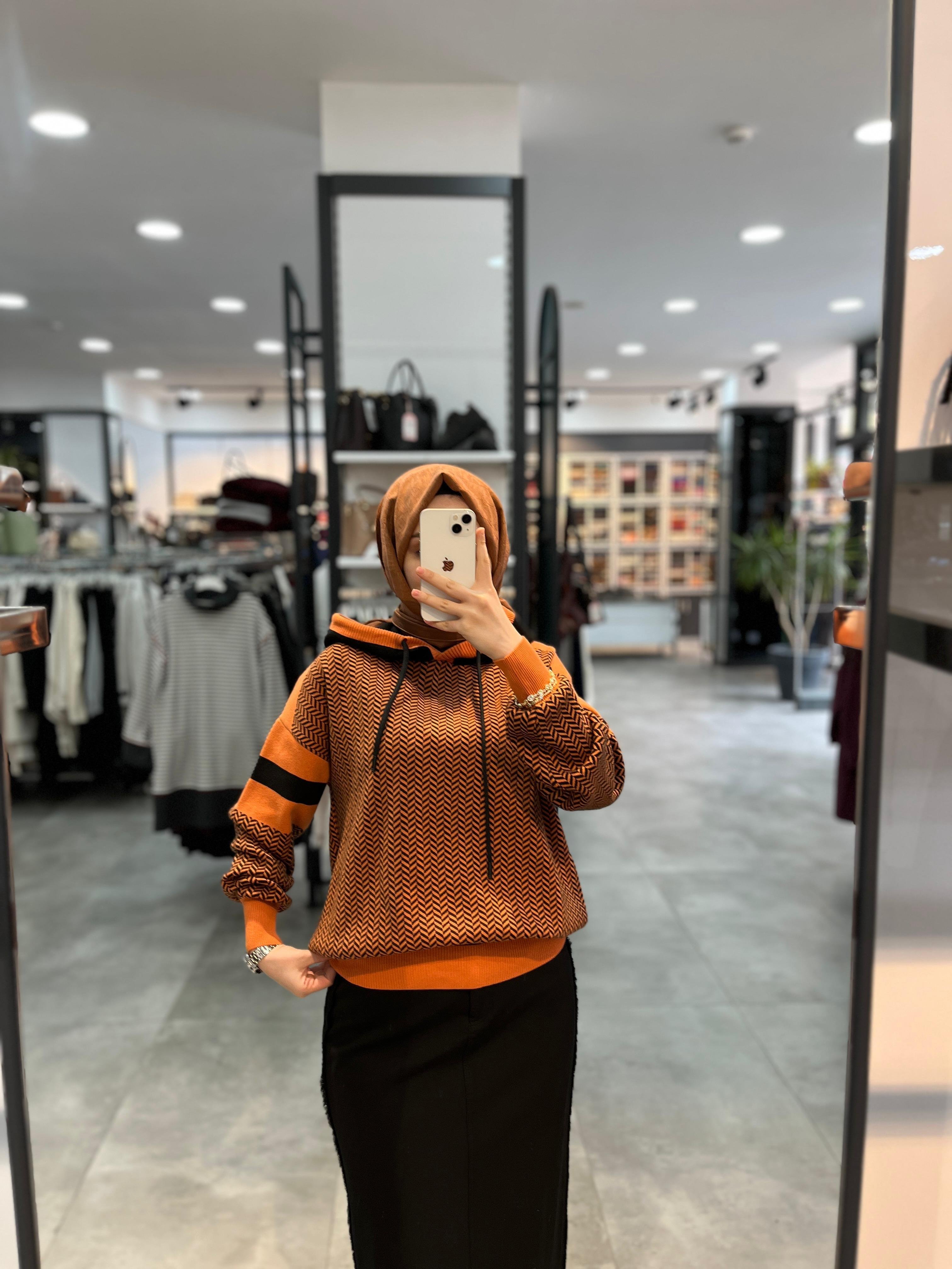 Desenli Kapüşonlu Kazak - Oranj