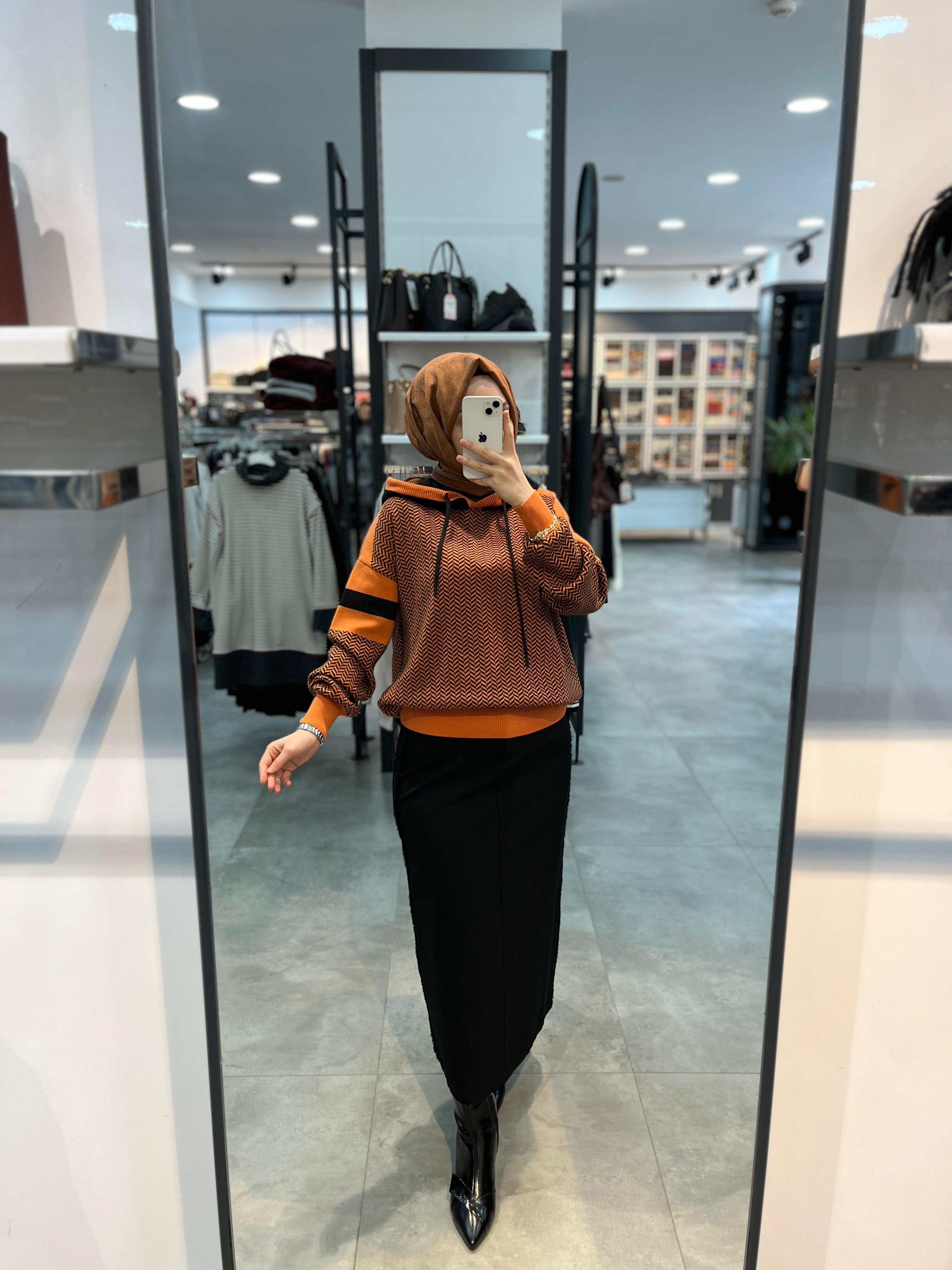 Desenli Kapüşonlu Kazak - Oranj