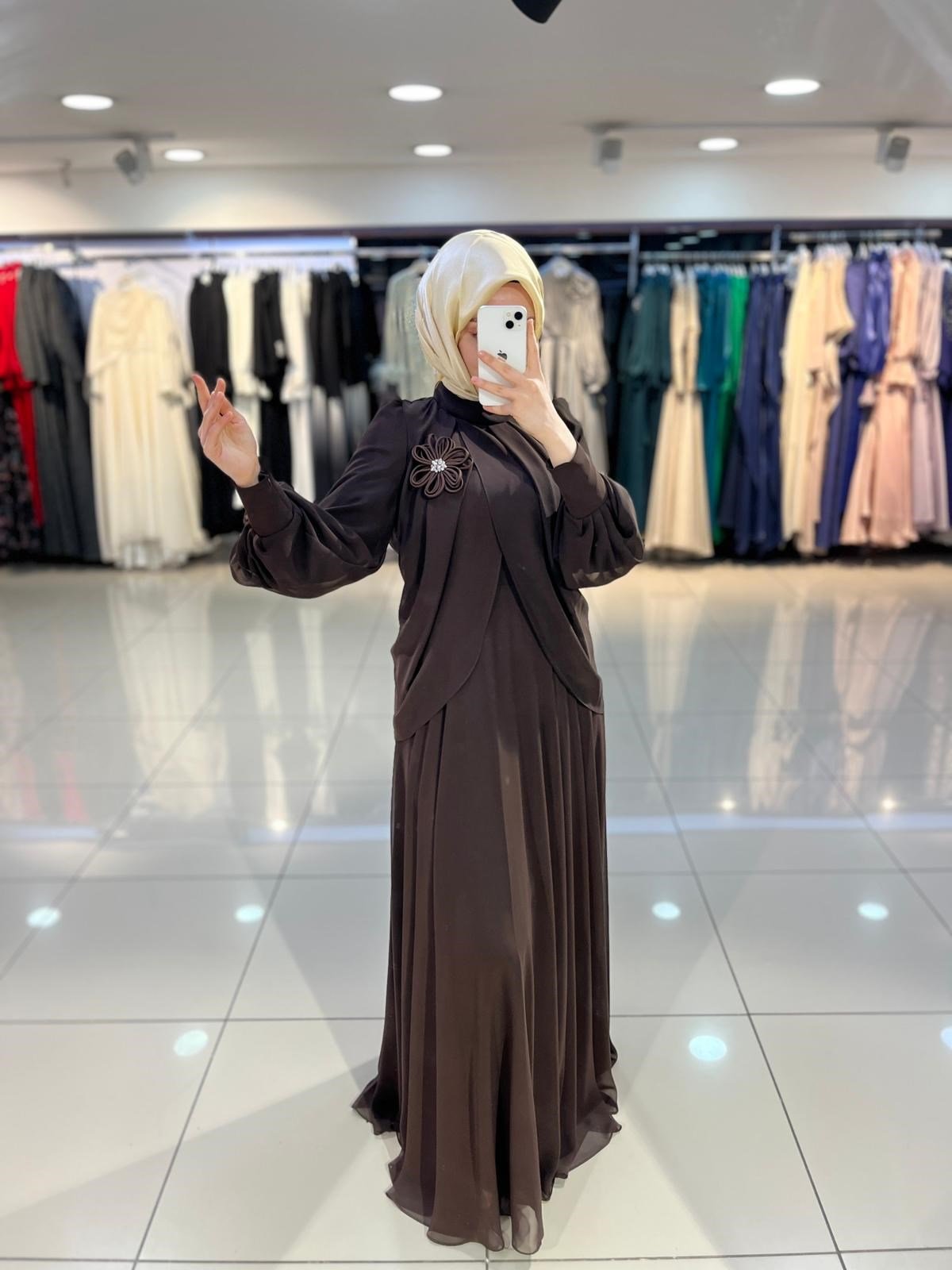 Matex Bolero Detaylı Şifon Kloş Elbise - Kahve