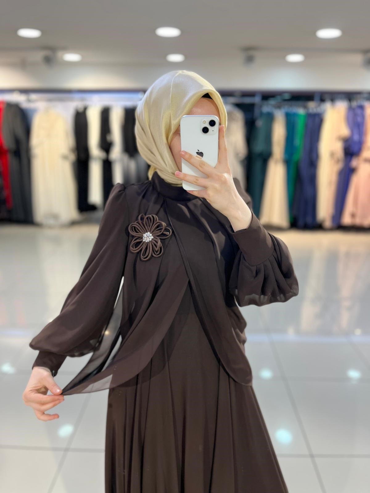 Matex Bolero Detaylı Şifon Kloş Elbise - Kahve