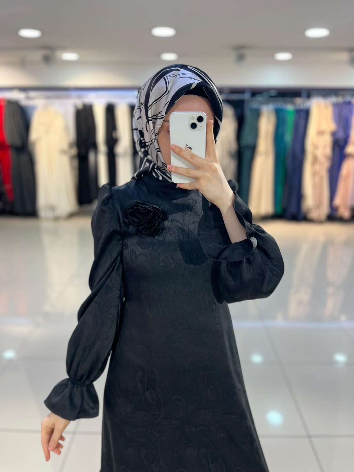 Matex Kolu Lastikli Jakar Abiye Elbise - Siyah