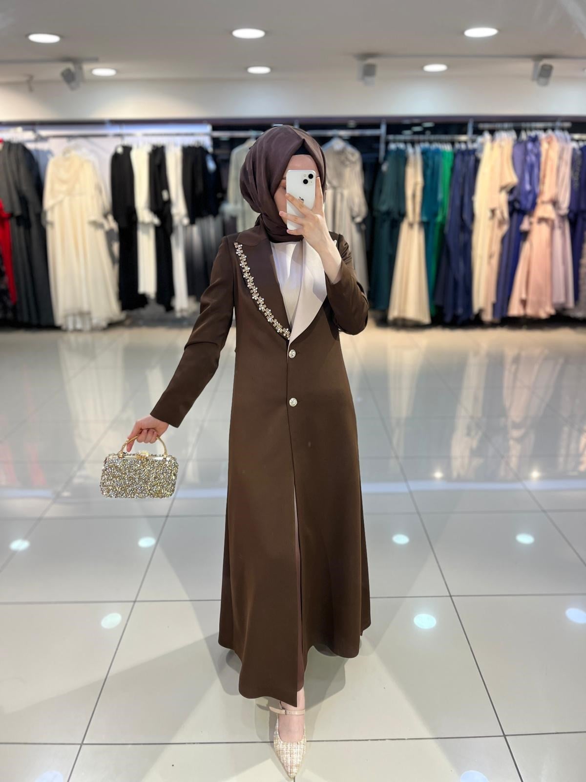 Matex Yakası Taşlı Uzun Ceket Elbise Takım - Kahve