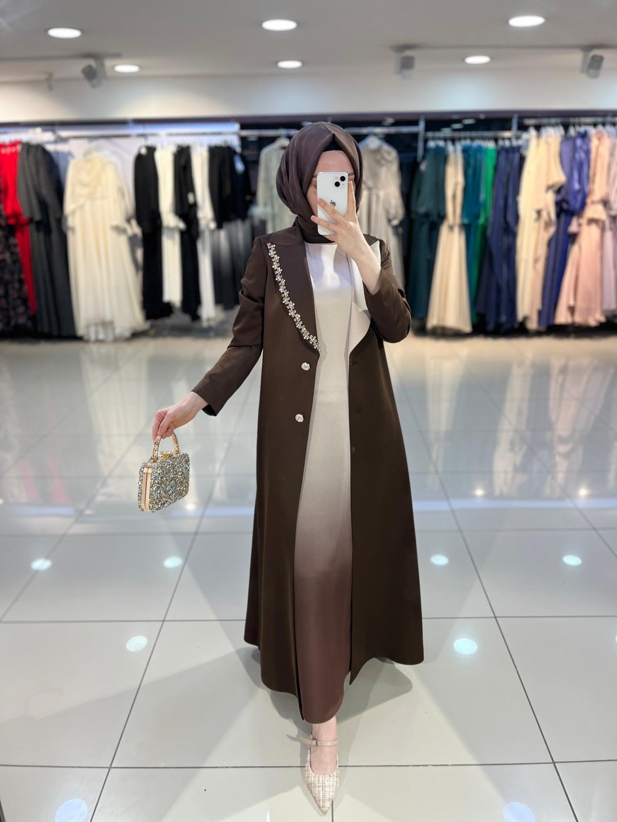 Matex Yakası Taşlı Uzun Ceket Elbise Takım - Kahve