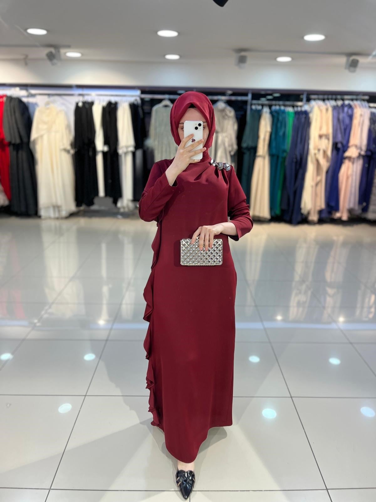 Matex Yanı Fırfır Detaylı Elbise - Bordo