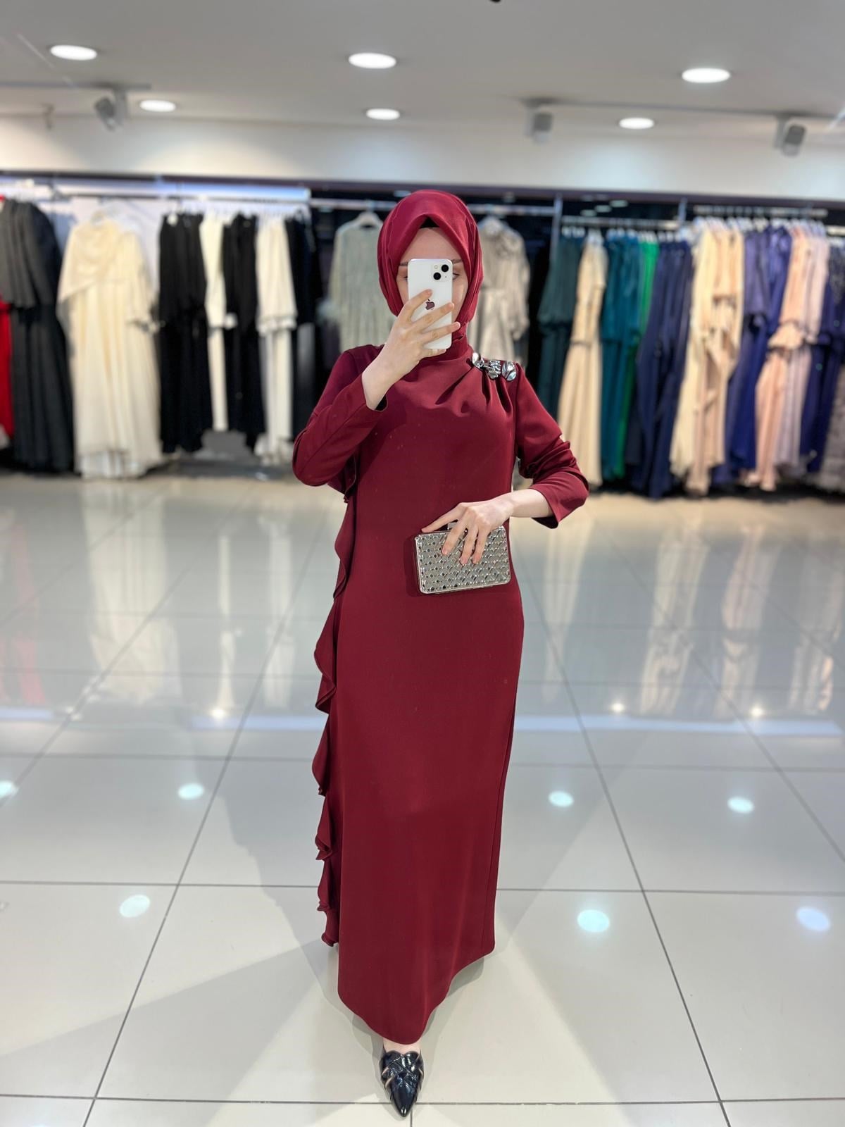 Matex Yanı Fırfır Detaylı Elbise - Bordo