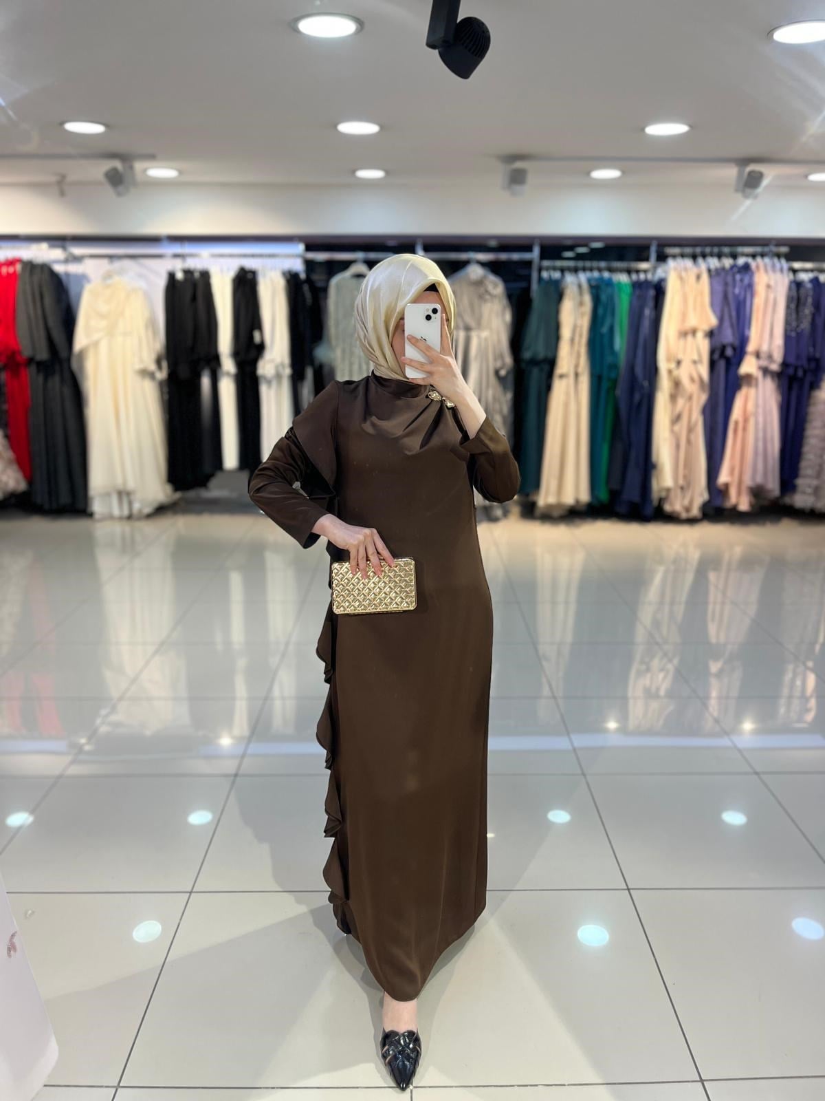 Matex Yanı Fırfır Detaylı Elbise - Kahve