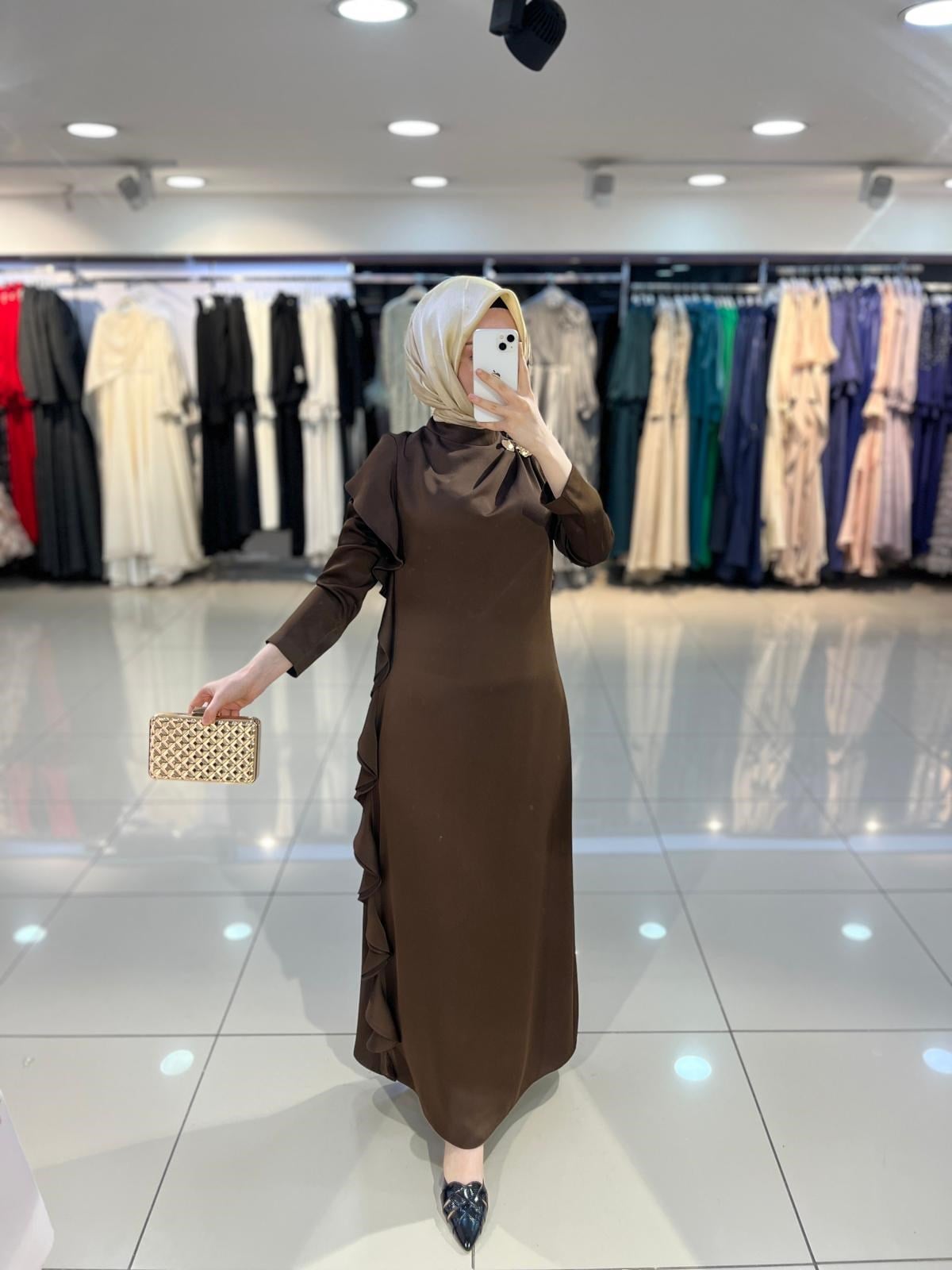 Matex Yanı Fırfır Detaylı Elbise - Kahve