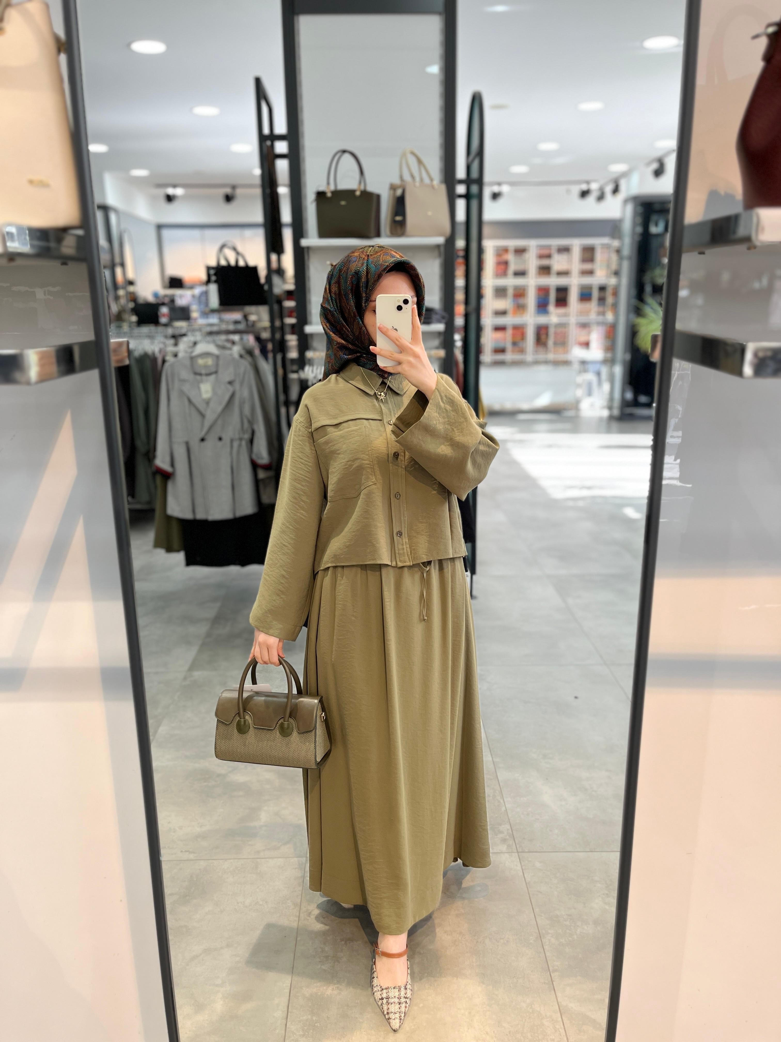 Nihan Aller Detaylı Modal Etek Gömlek Takım - Haki