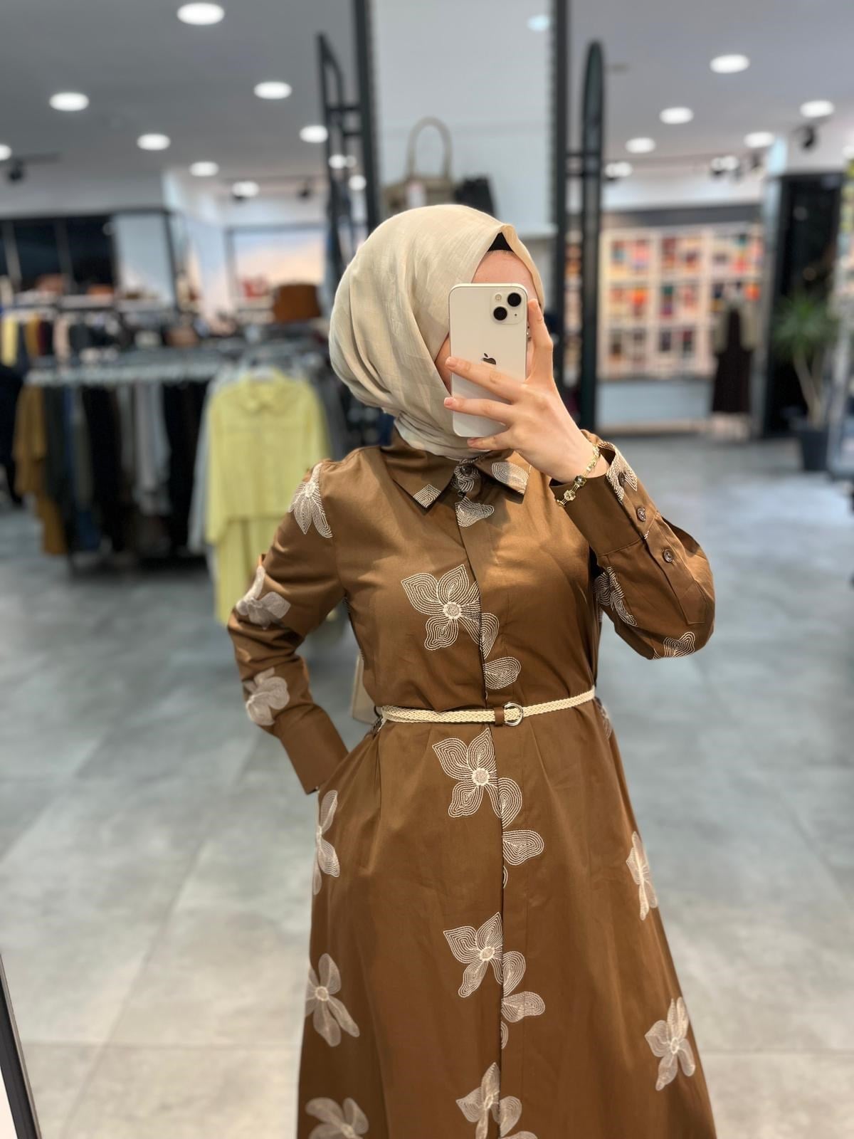 Nihan Beli Kordon Kemerli Pamuk Elbise - Camel