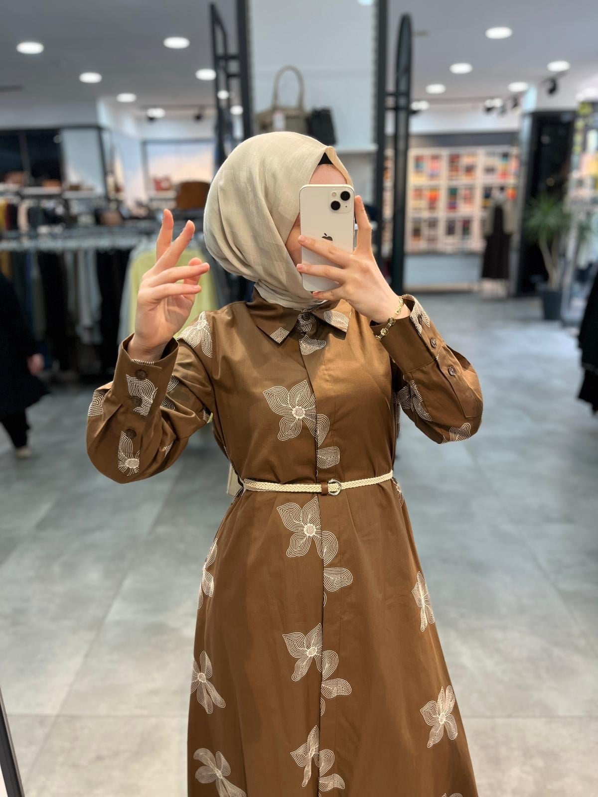 Nihan Beli Kordon Kemerli Pamuk Elbise - Camel