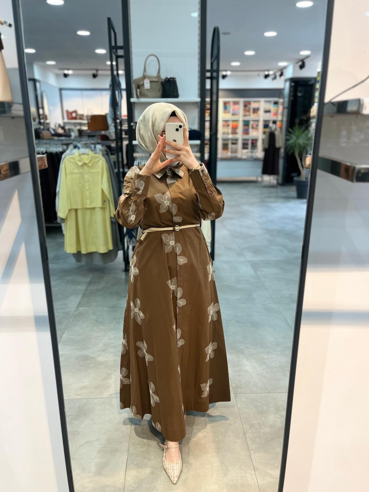 Nihan Beli Kordon Kemerli Pamuk Elbise - Camel