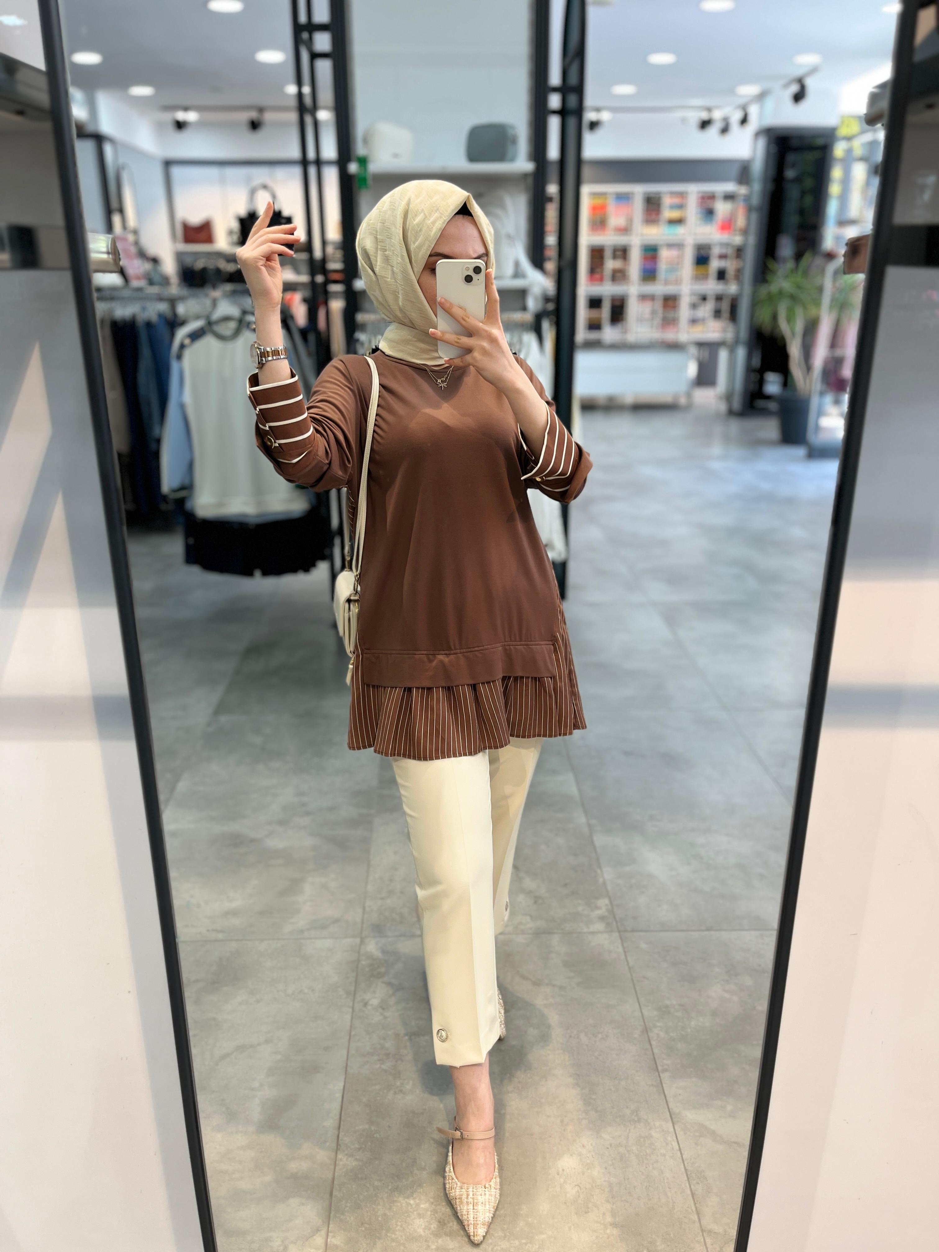 Nihan Çizgi Kumaş Kombinli Örme Rayon Karışımlı Tunik - Kahve
