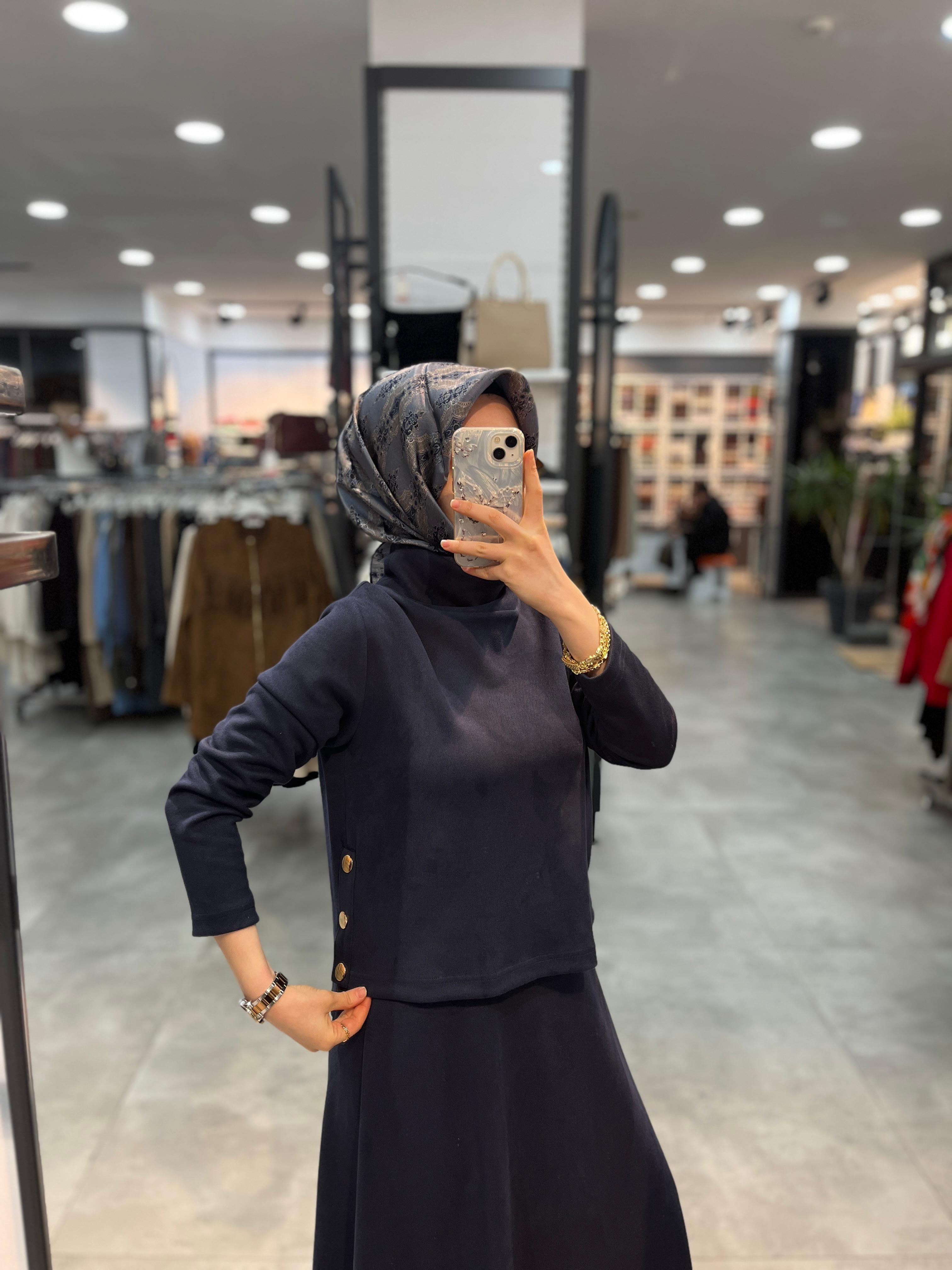 Nihan Cupra Süet Etek Bluz Takım - Lacivert