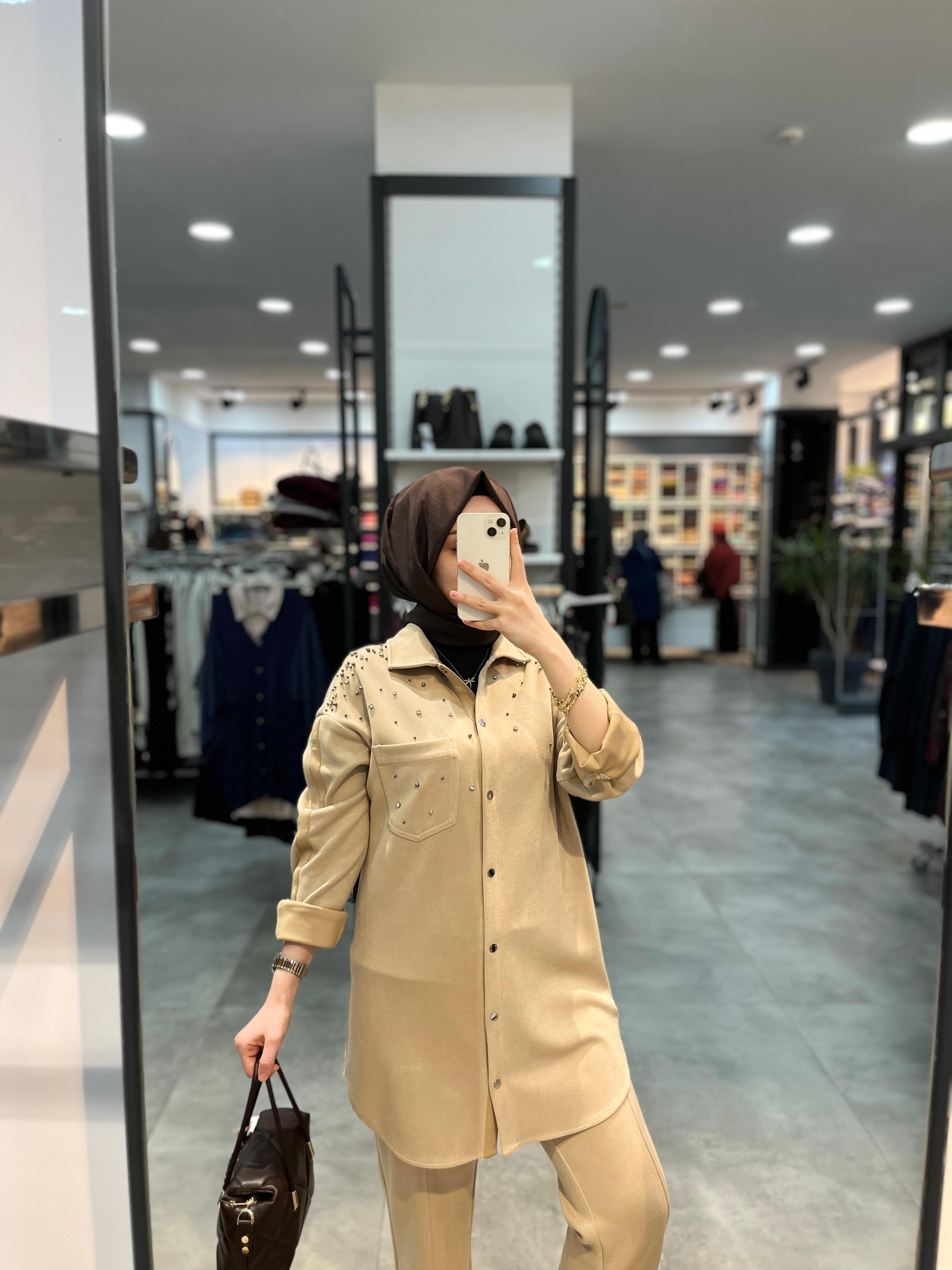 Nihan Cupra Süet Pantolon Tunik Takım - Bej