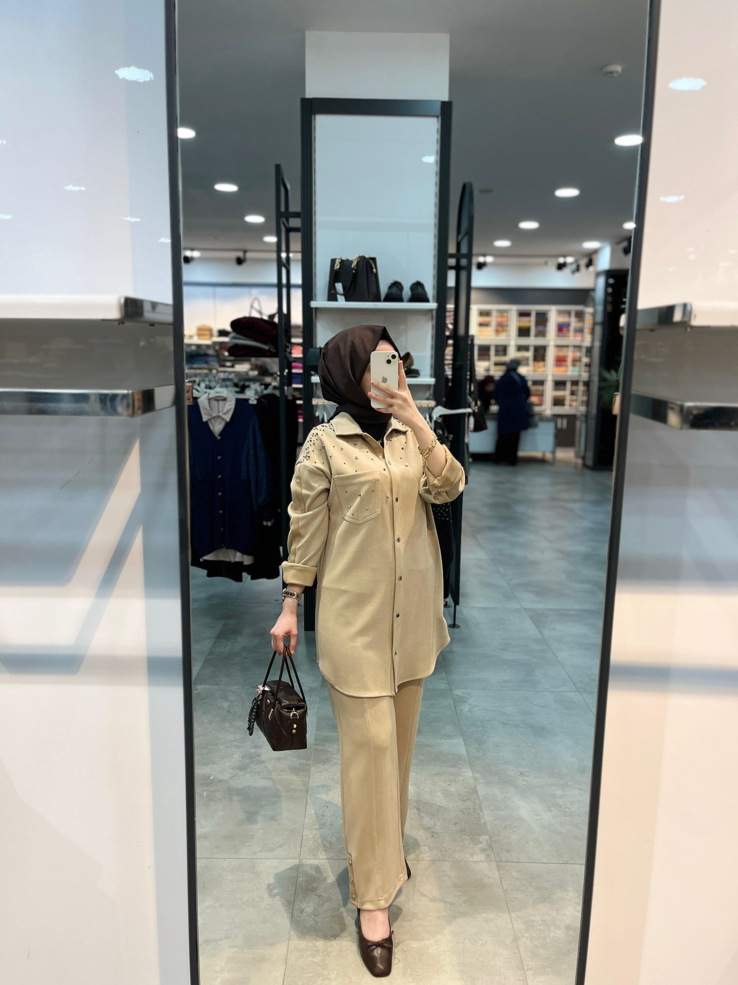 Nihan Cupra Süet Pantolon Tunik Takım - Bej